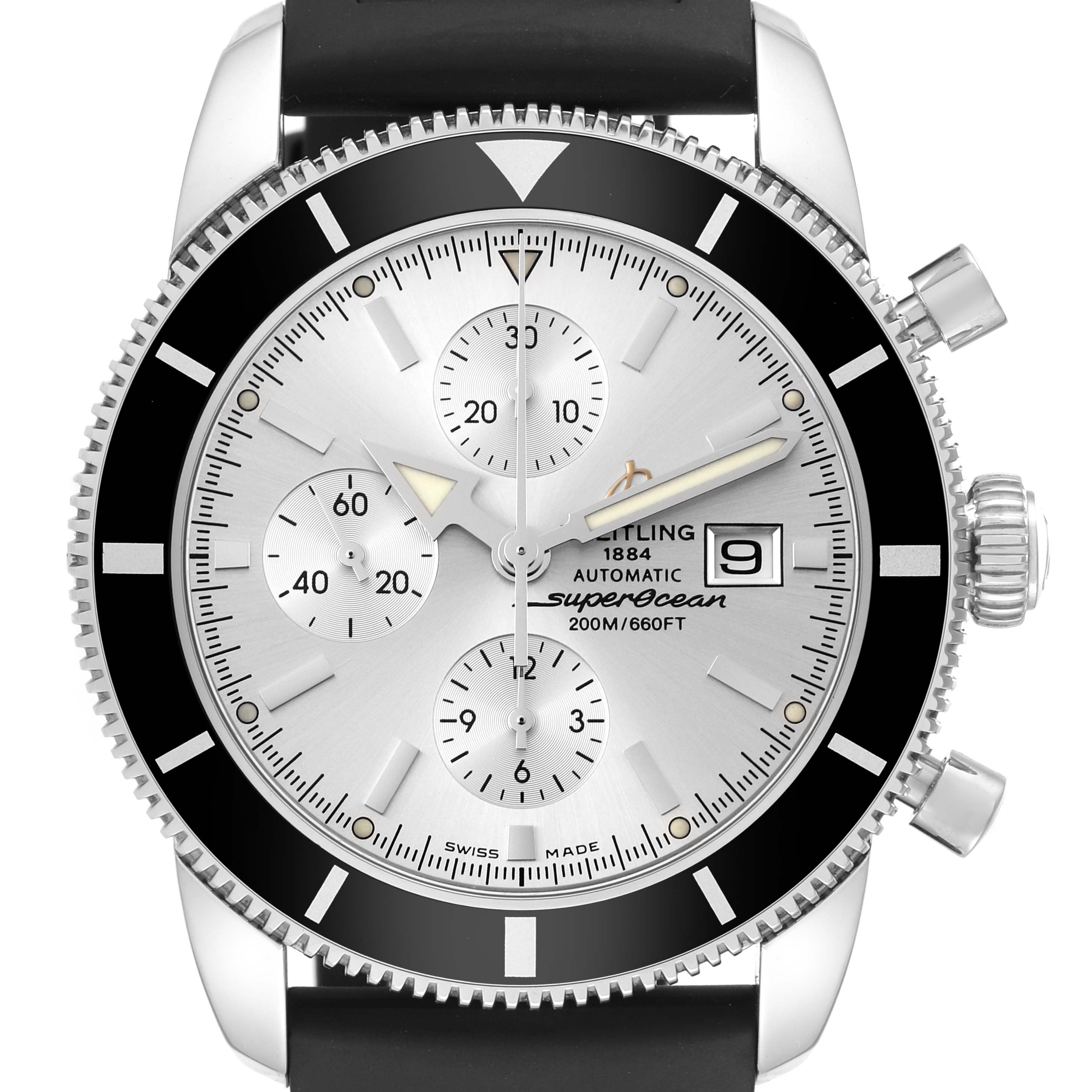 The Breitling Superocean A13320 Men's Stainless Steel Silver Dial A13320 Men's Stainless Steel Silver Dial model watch is shown from a front angle, displaying its dial, subdials, bezel, and crown.
