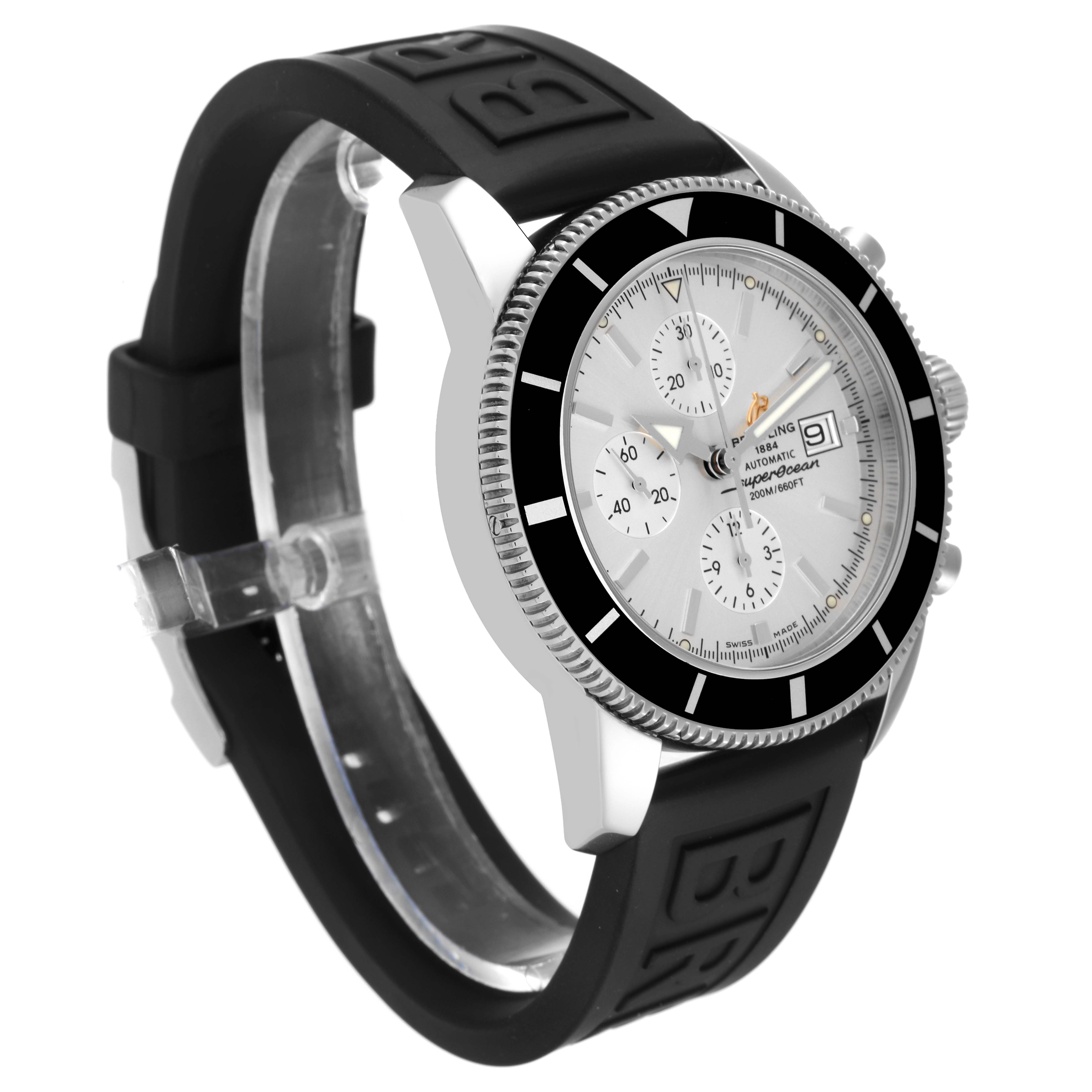 This image shows a Breitling Superocean A13320 Men's Stainless Steel Silver Dial A13320 Men's Stainless Steel Silver Dial watch at a three-quarter angle, highlighting the black bezel, dial, and black rubber strap.