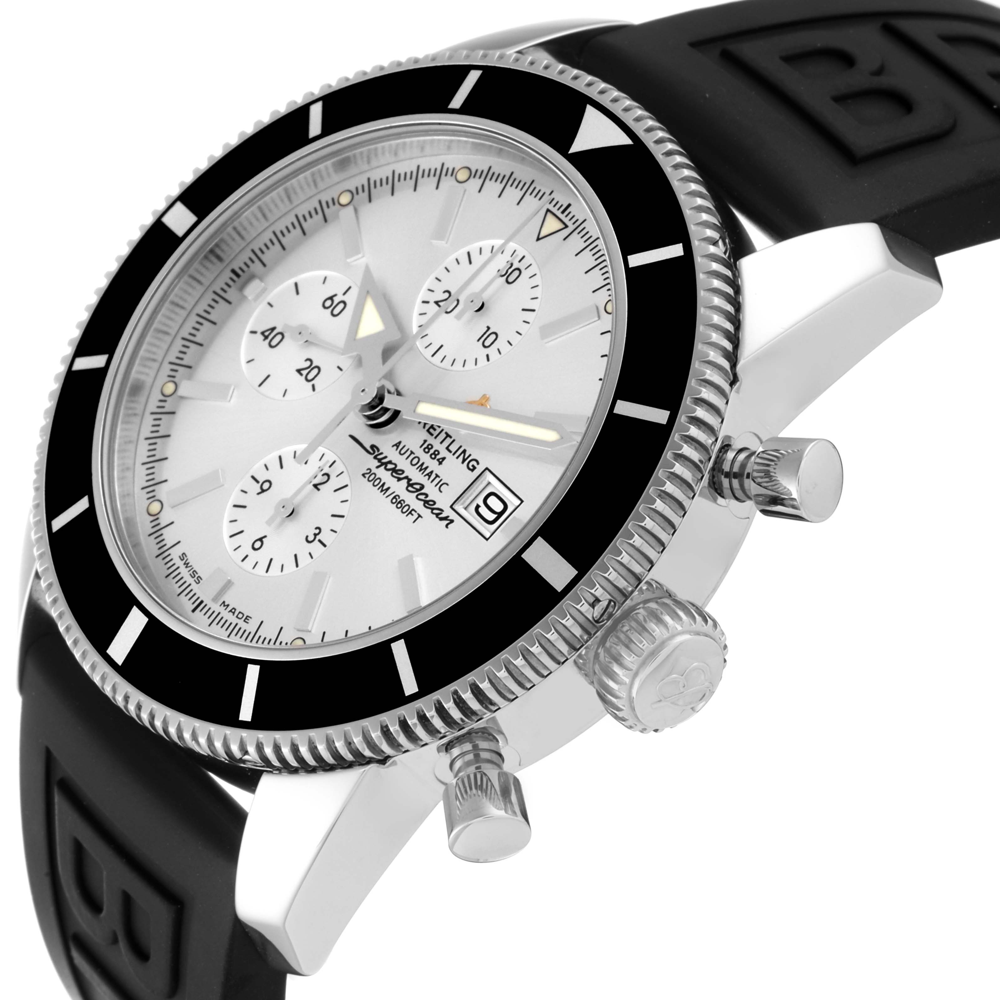 The image shows a side-angle view of a Breitling Superocean A13320 Men's Stainless Steel Silver Dial A13320 Men's Stainless Steel Silver Dial watch, highlighting the crown, pushers, bezel, and part of the strap.