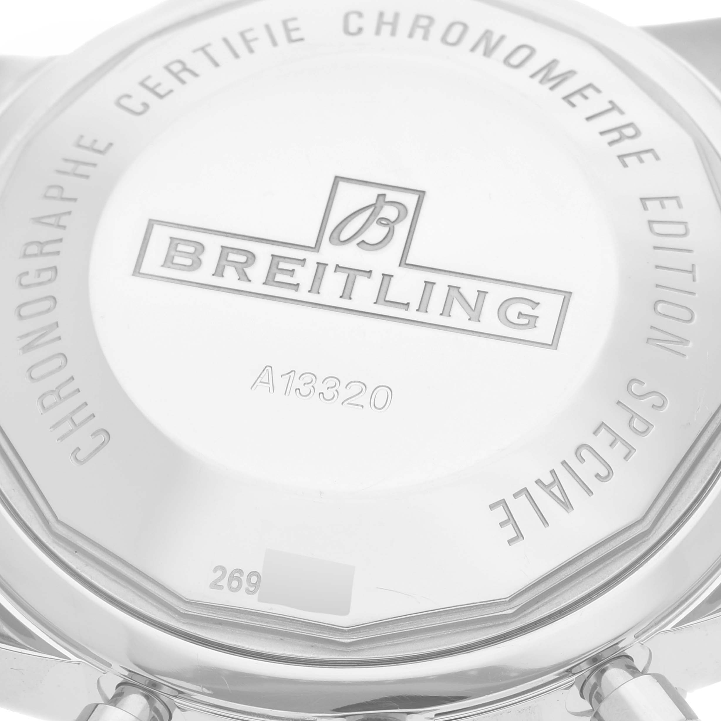 This image shows the back case of a Breitling Superocean A13320 Men's Stainless Steel Silver Dial A13320 Men's Stainless Steel Silver Dial watch, highlighting branding and model information.