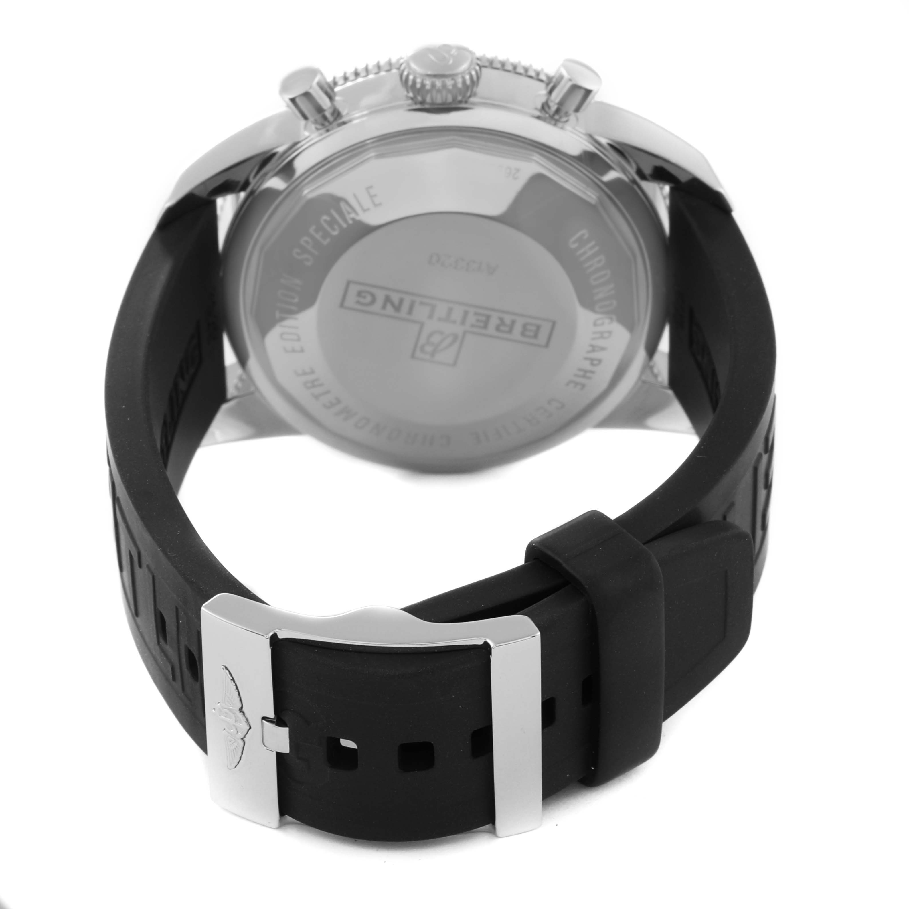 This image shows the back casing and black rubber strap with a clasp of the Breitling Superocean A13320 Men's Stainless Steel Silver Dial A13320 Men's Stainless Steel Silver Dial watch.