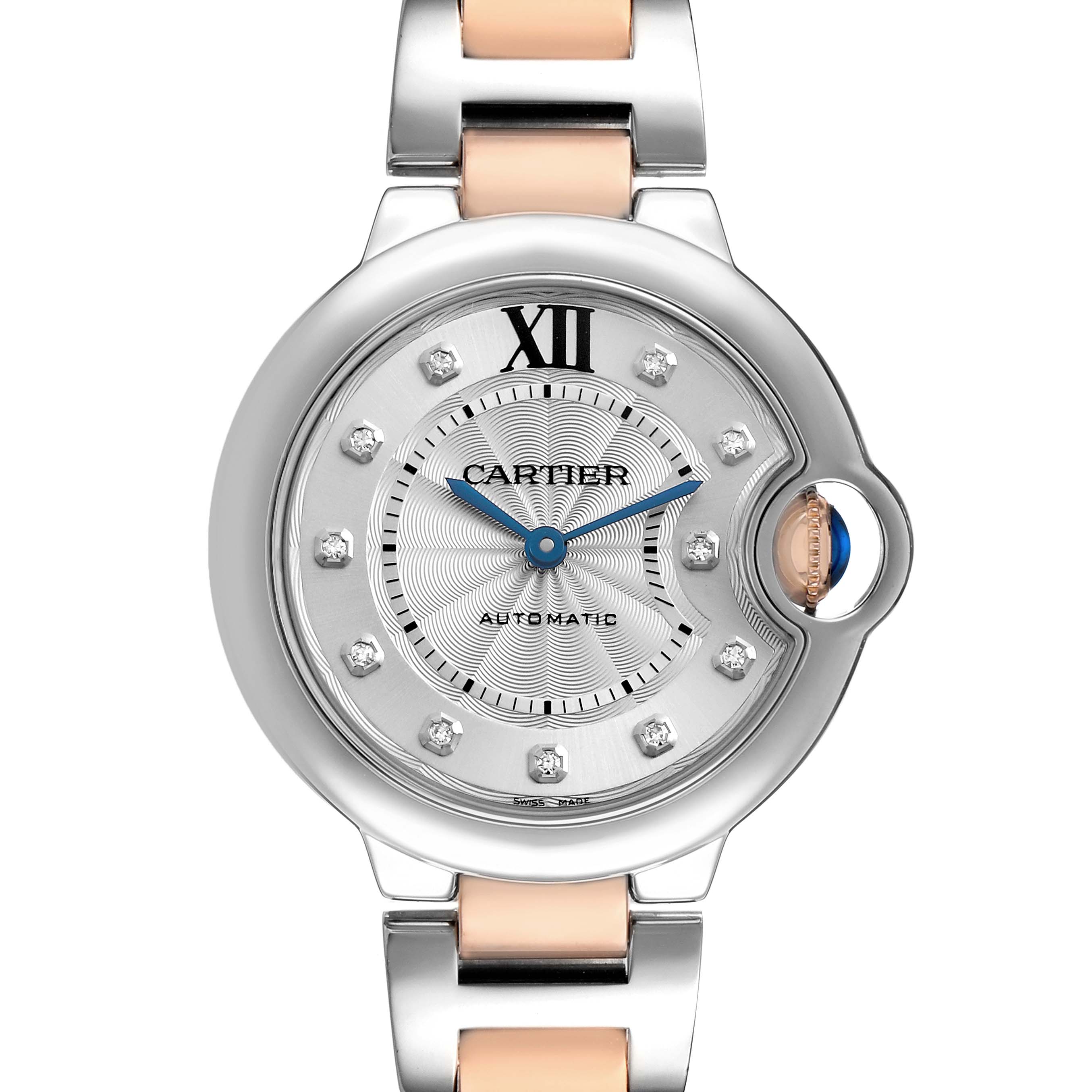 The Cartier Ballon Bleu WE902044 Women's Steel and Gold (two tone) Silver Dial watch is shown from a front angle, displaying its round face, Roman numeral XII, and metallic strap.