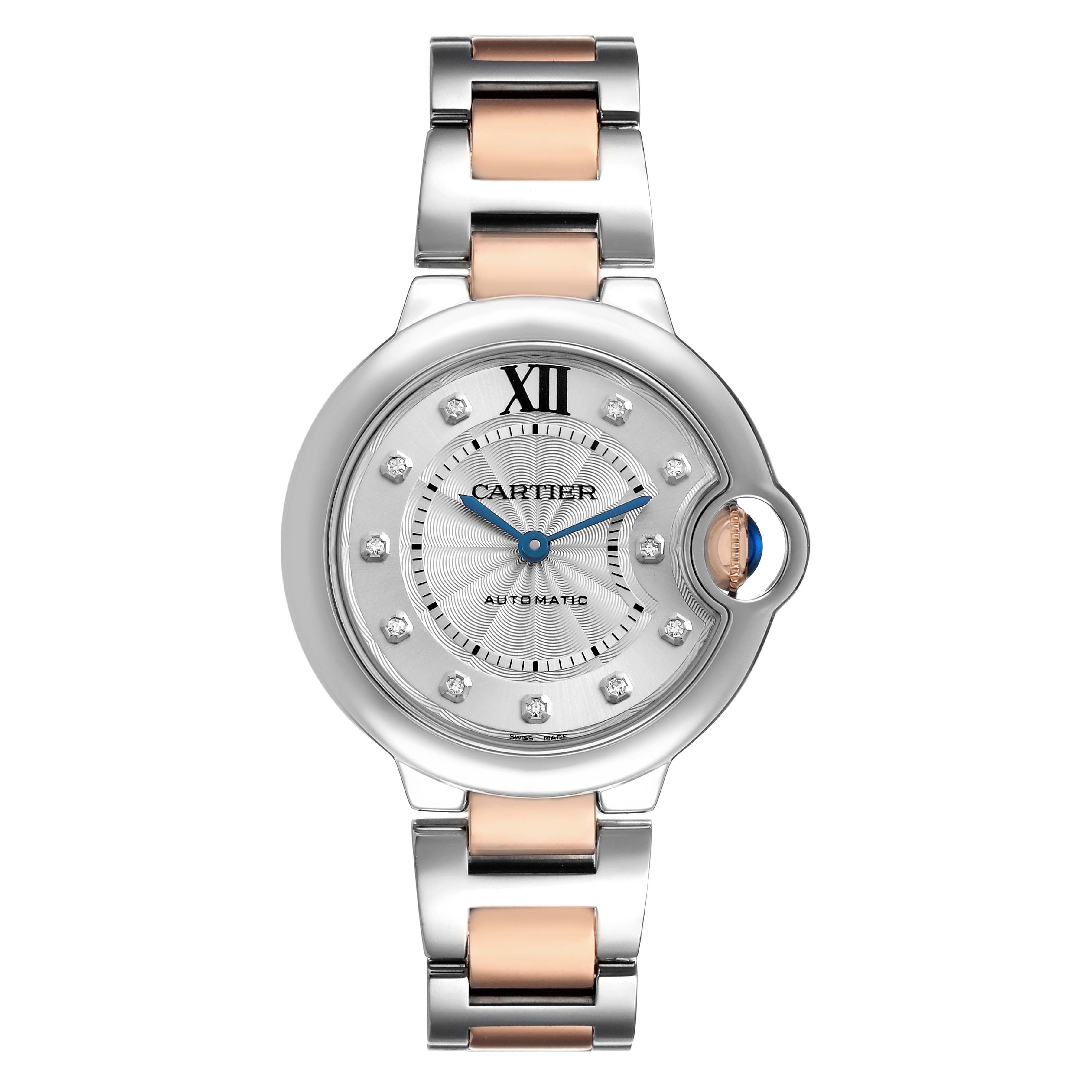 The Cartier Ballon Bleu WE902044 Women's Steel and Gold (two tone) Silver Dial watch is shown from a top-down angle, highlighting its round face, silver and gold bracelet, and distinctive blue hands.