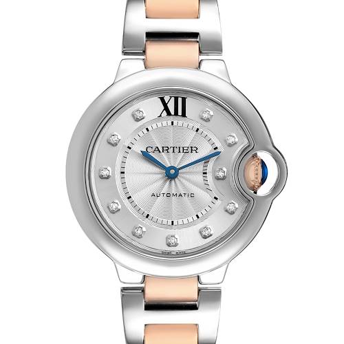 The Cartier Ballon Bleu WE902044 Women's Steel and Gold (two tone) Silver Dial watch is shown from a front angle, displaying its round face, Roman numeral XII, and metal bracelet.