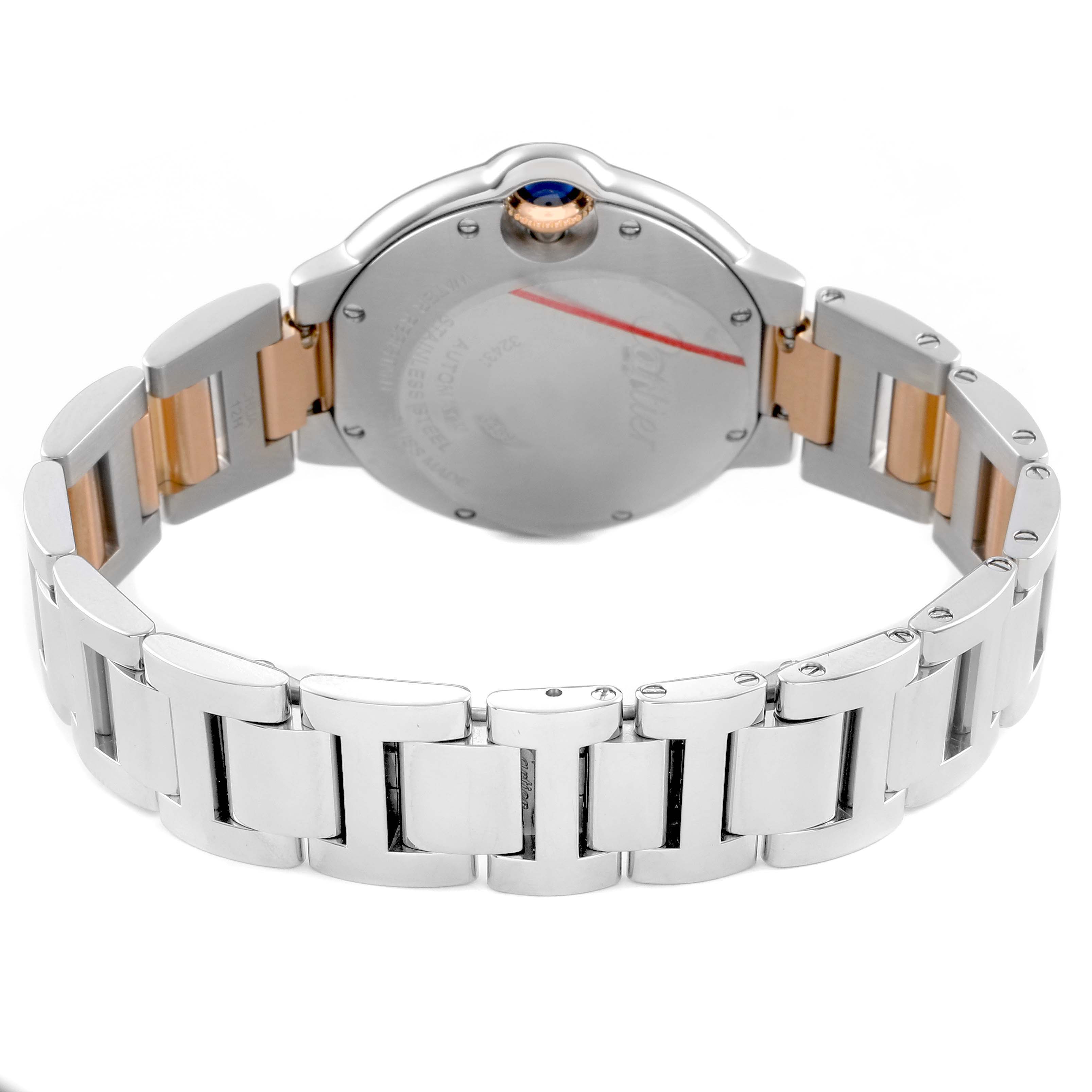 The image shows the back of the Cartier Ballon Bleu WE902044 Women's Steel and Gold (two tone) Silver Dial watch, focusing on the bracelet and clasp from a rear angle.