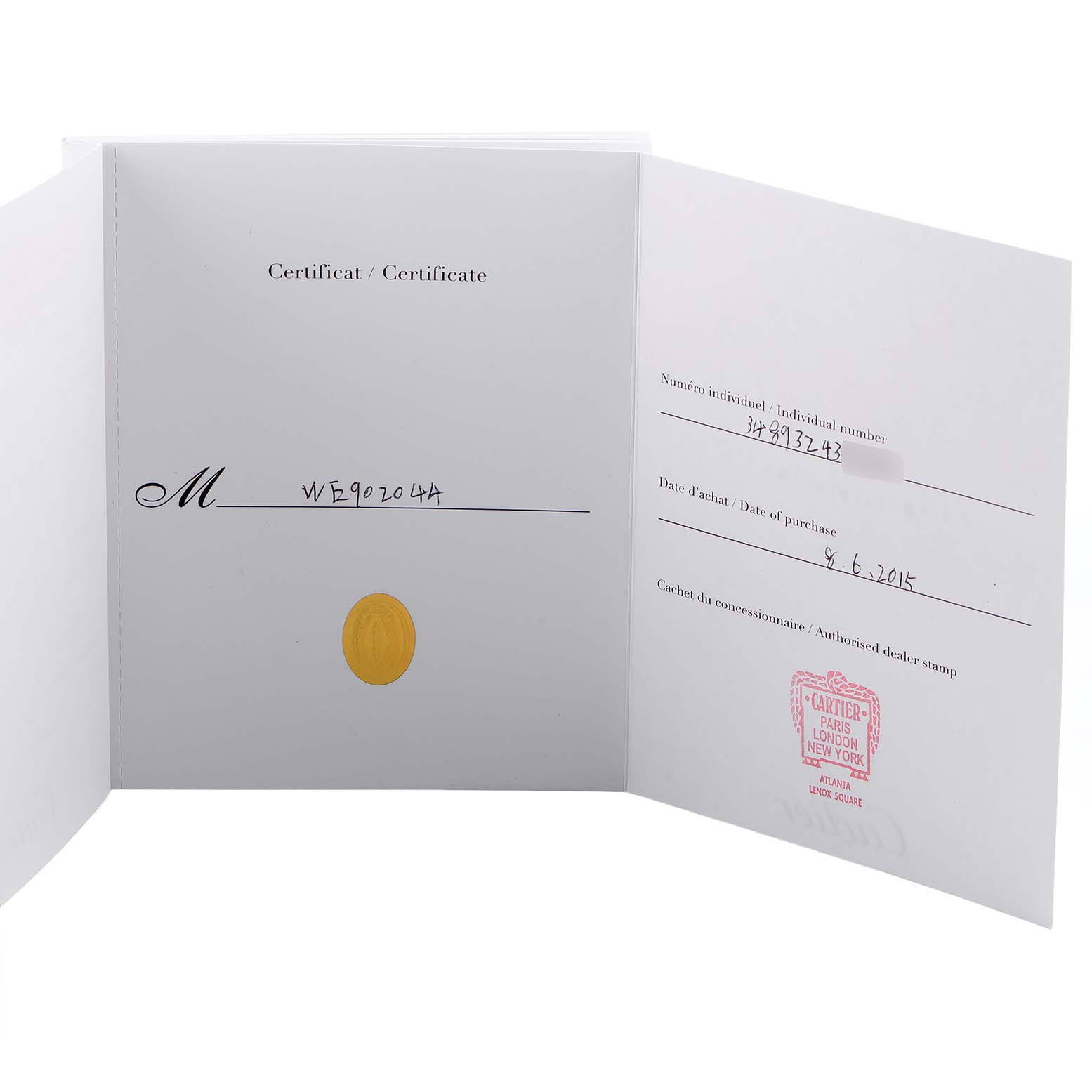 The image shows the open certification booklet for a Cartier Ballon Bleu WE902044 Women's Steel and Gold (two tone) Silver Dial watch, displaying written and stamped details.