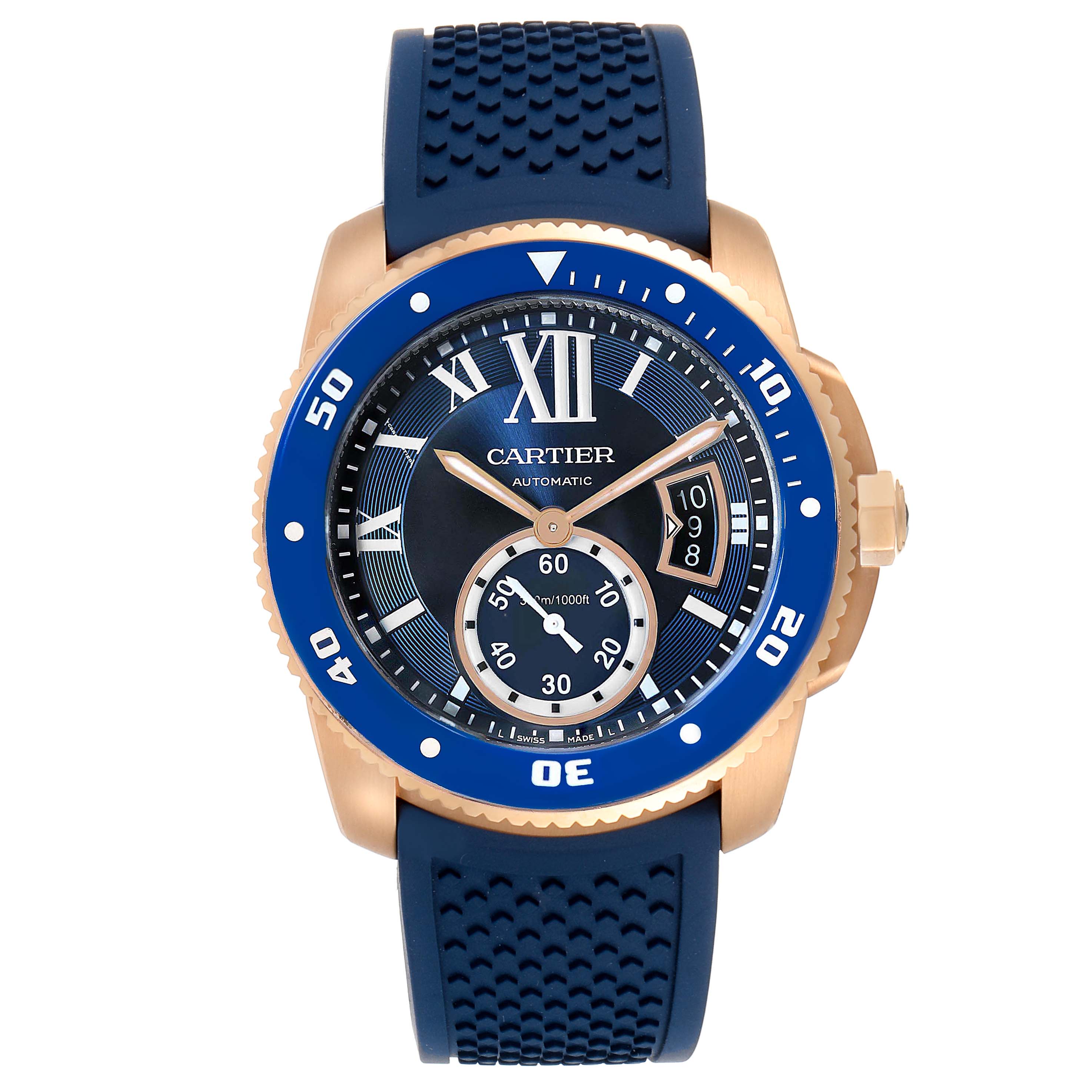 This image shows a front view of the Calibre de Cartier model by Cartier, highlighting the dial, bezel, and strap.