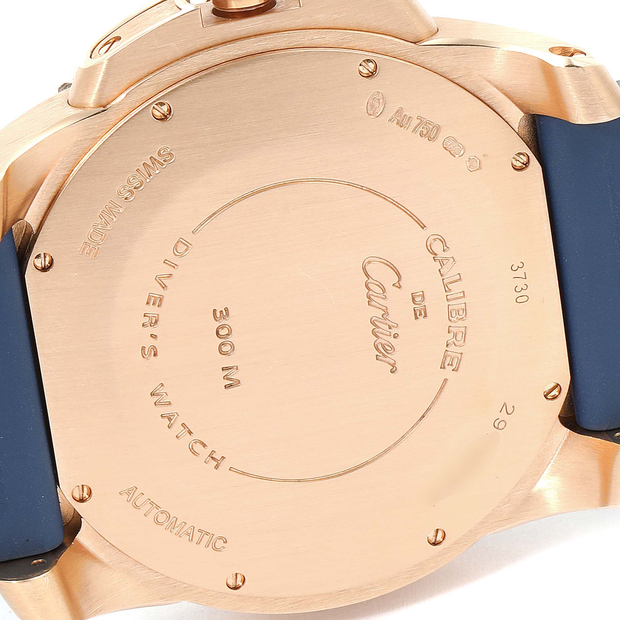 This image shows the back case of the Calibre de Cartier watch by Cartier at an angled close-up view.