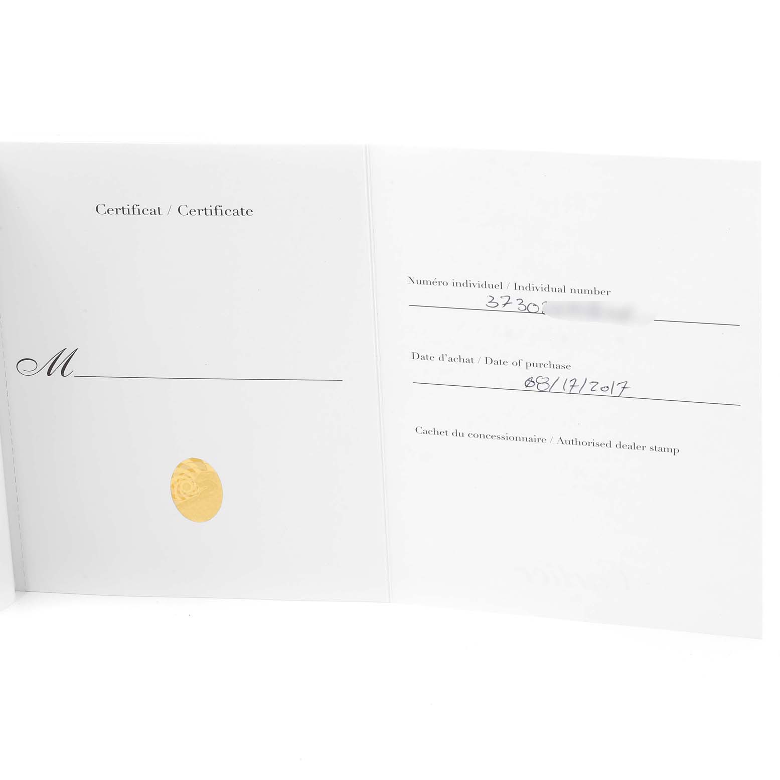 The image shows the certificate of a Calibre de Cartier model by Cartier, displaying individual number, purchase date, and gold seal.