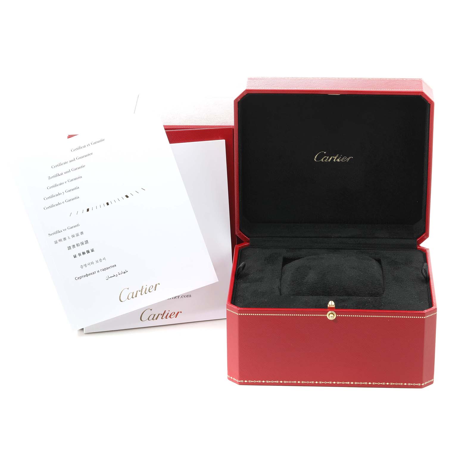The image shows the open box and documentation of a Calibre de Cartier watch by Cartier, with the angle focused on the box's interior.