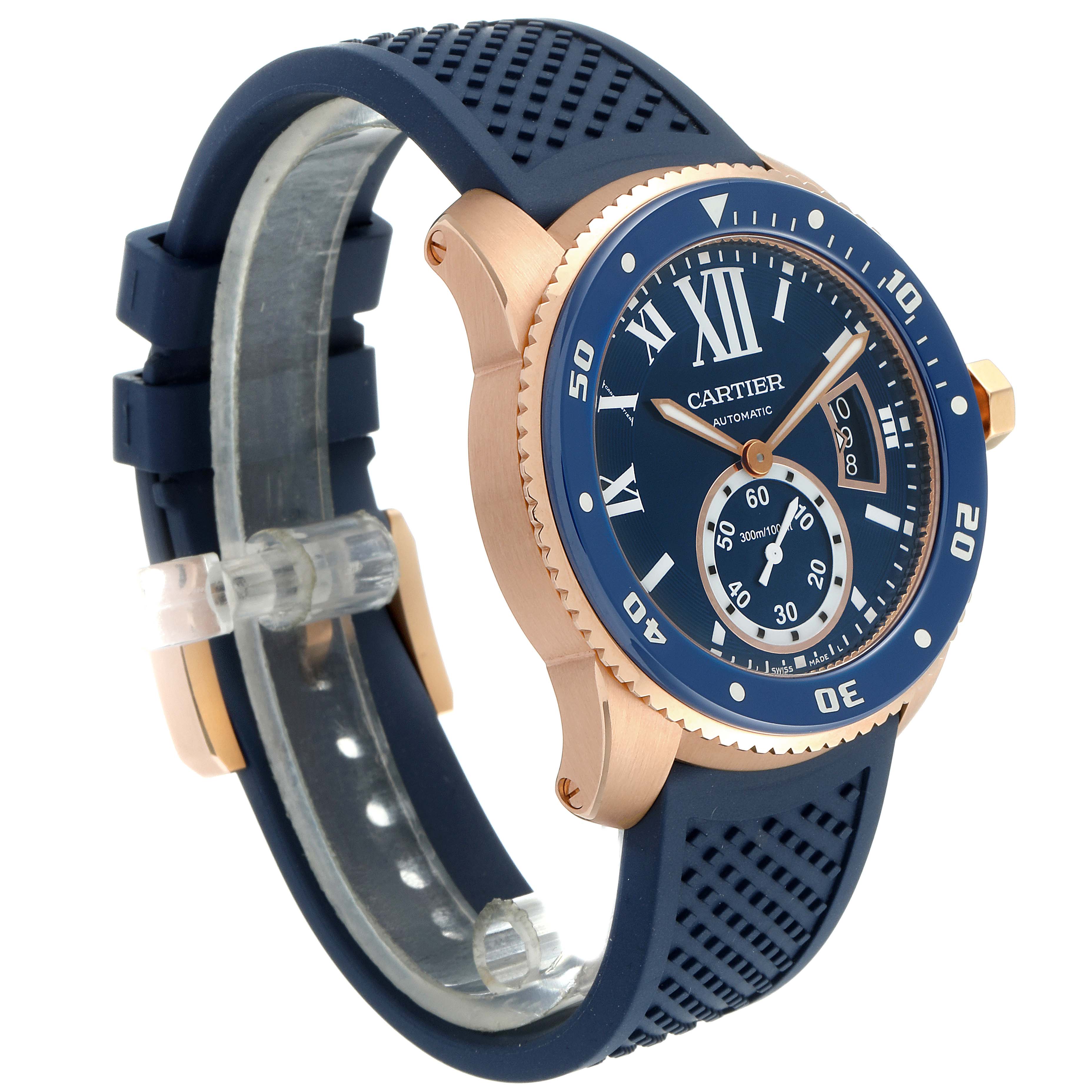 The image shows a side and front angle of the Calibre de Cartier watch by Cartier, highlighting the dial, bezel, and strap.