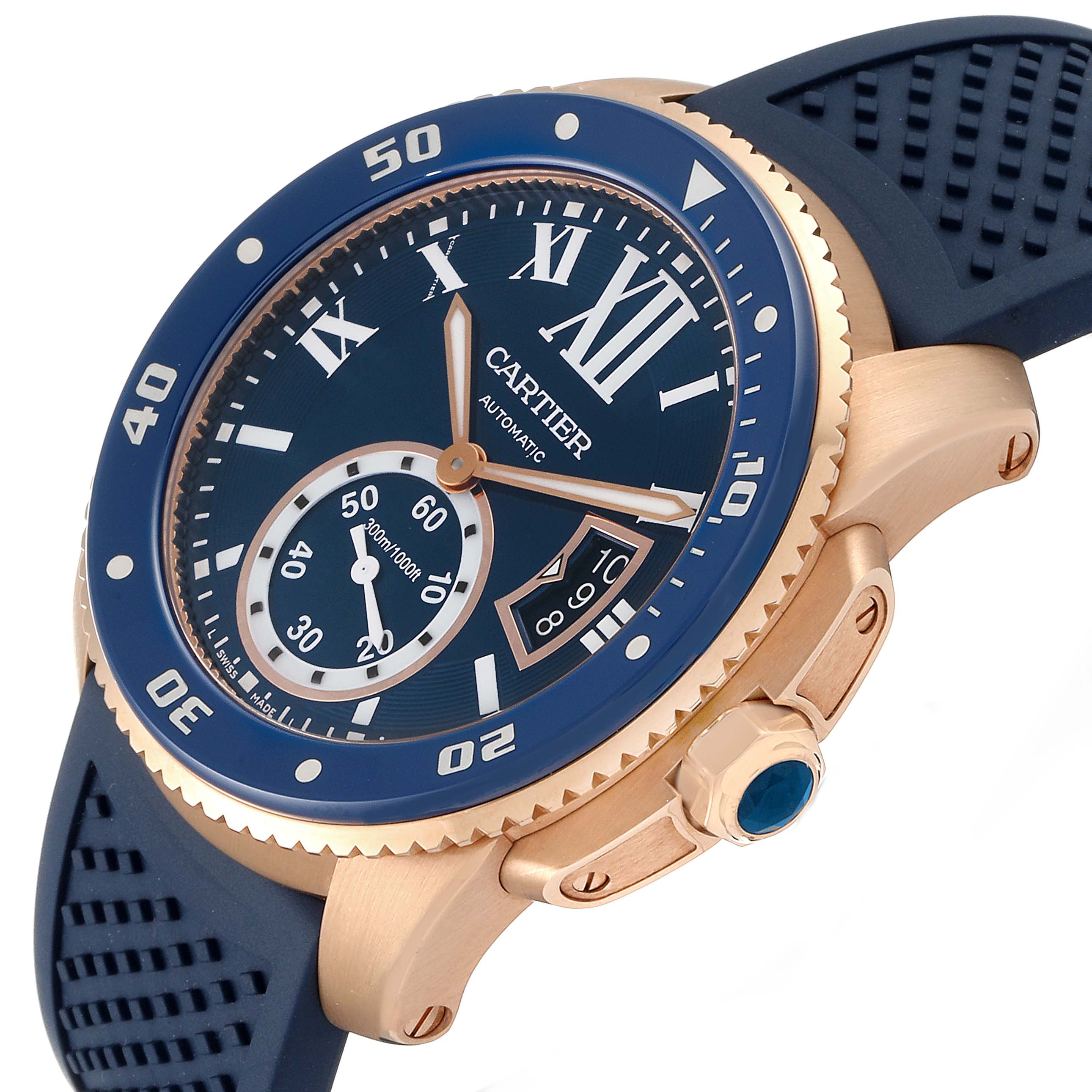 This image shows a close-up angle of the Calibre de Cartier watch, highlighting its bezel, dial, crown, and strap.