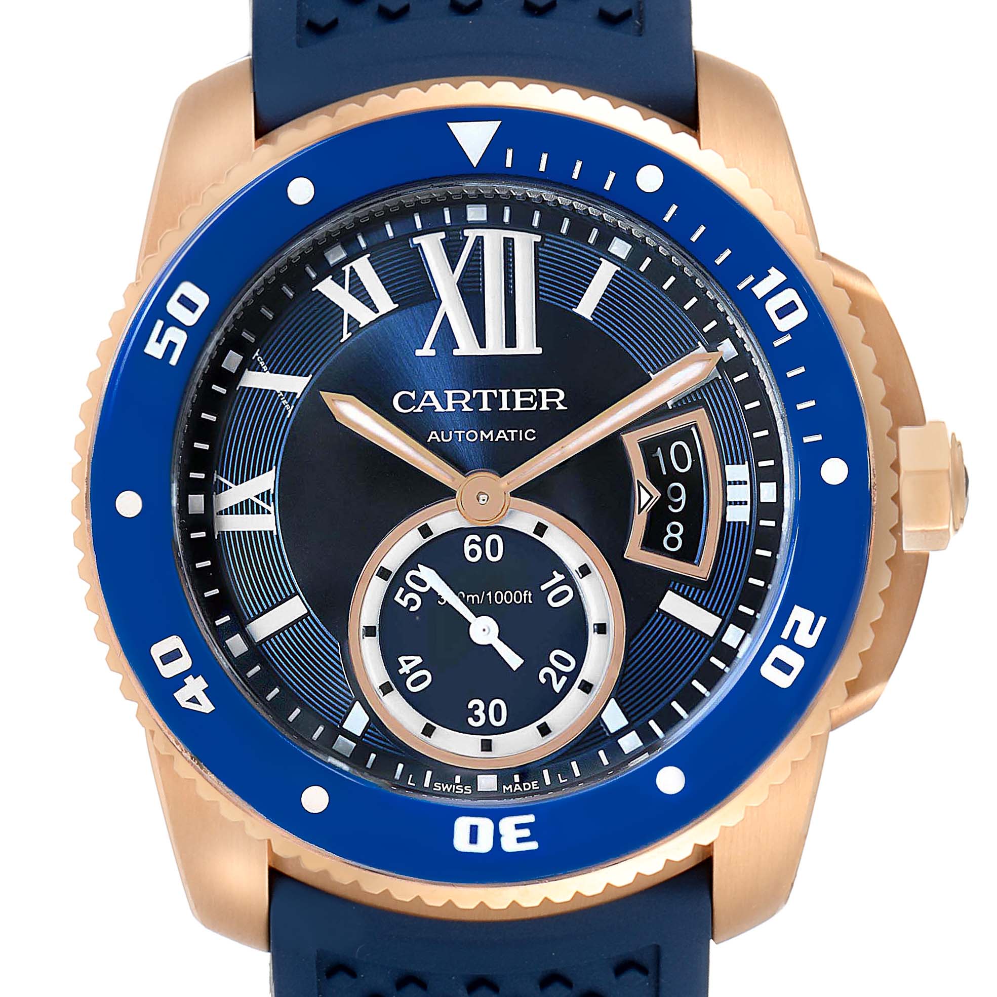 The image shows a front view of the Calibre de Cartier watch by Cartier, displaying the dial, bezel, and crown.