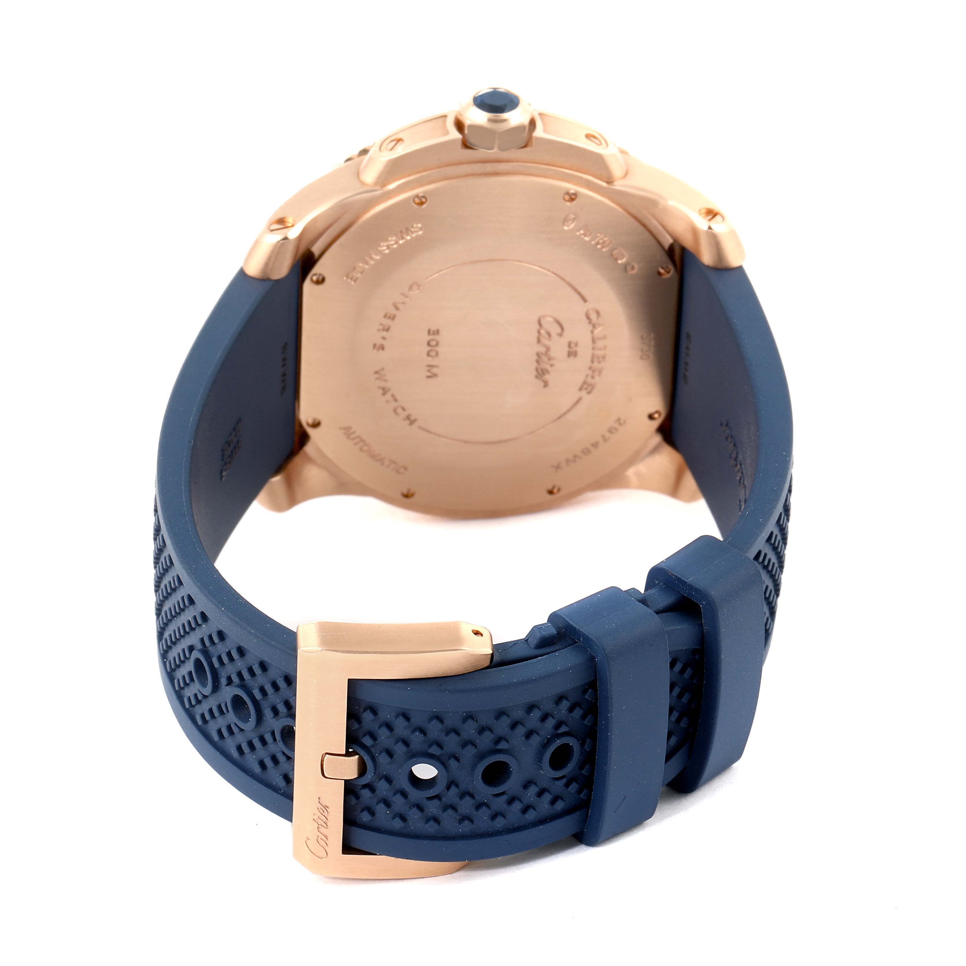 This image shows the back case and strap of a Calibre de Cartier watch by Cartier.