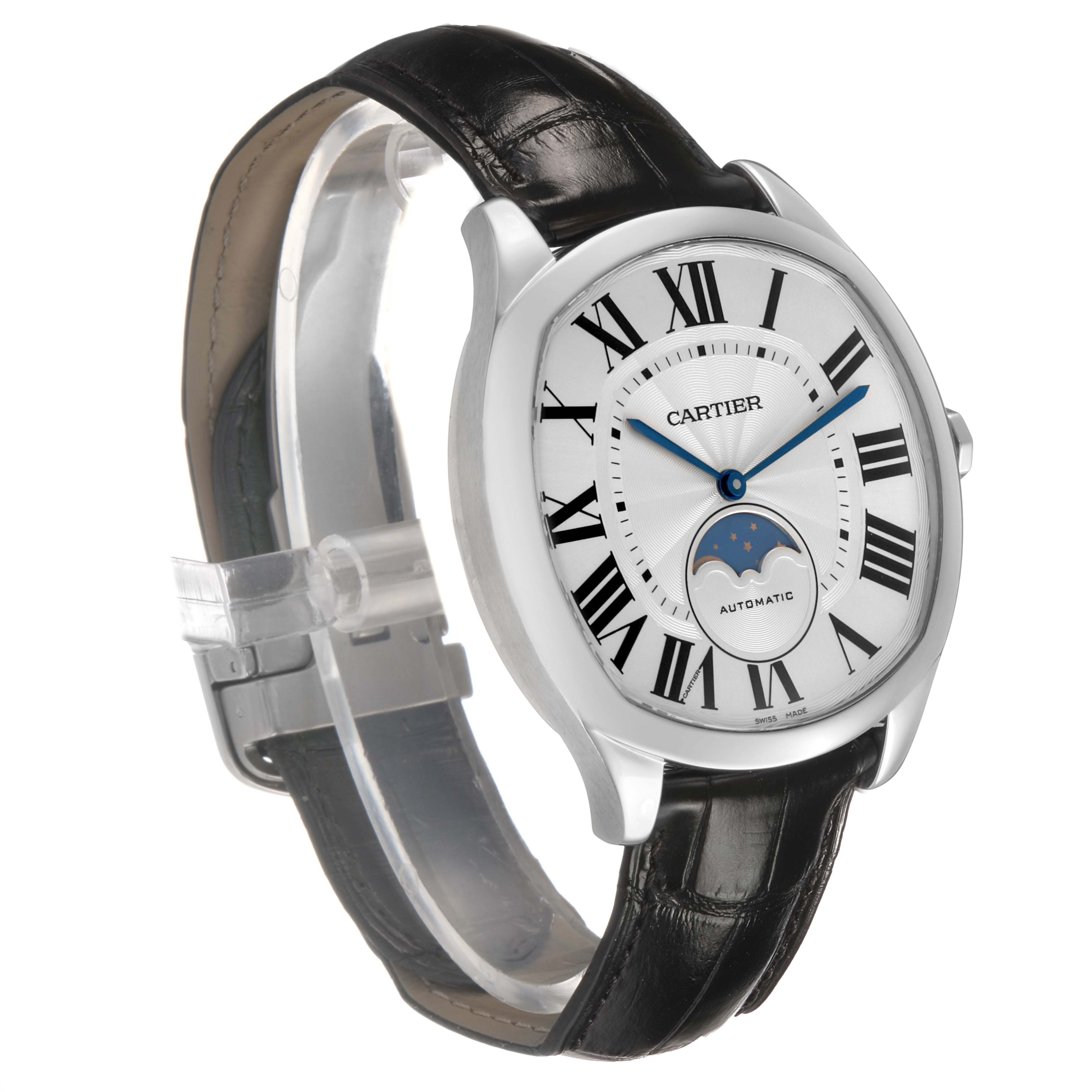 The Drive de Cartier watch is shown at a three-quarter angle, highlighting the face, case, strap, and crown.
