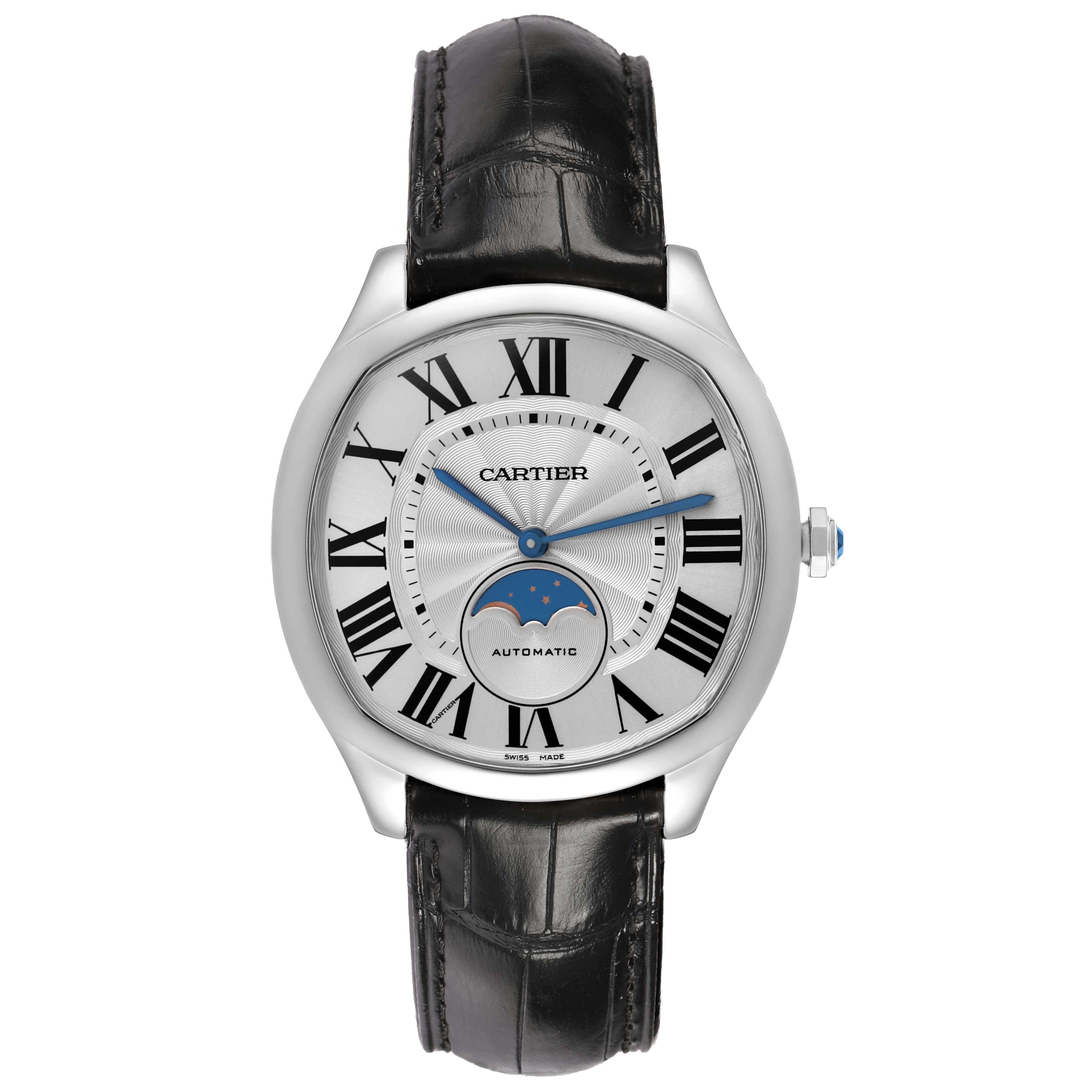 The Drive de Cartier watch is shown from the front, highlighting its face, hands, dial, and strap.