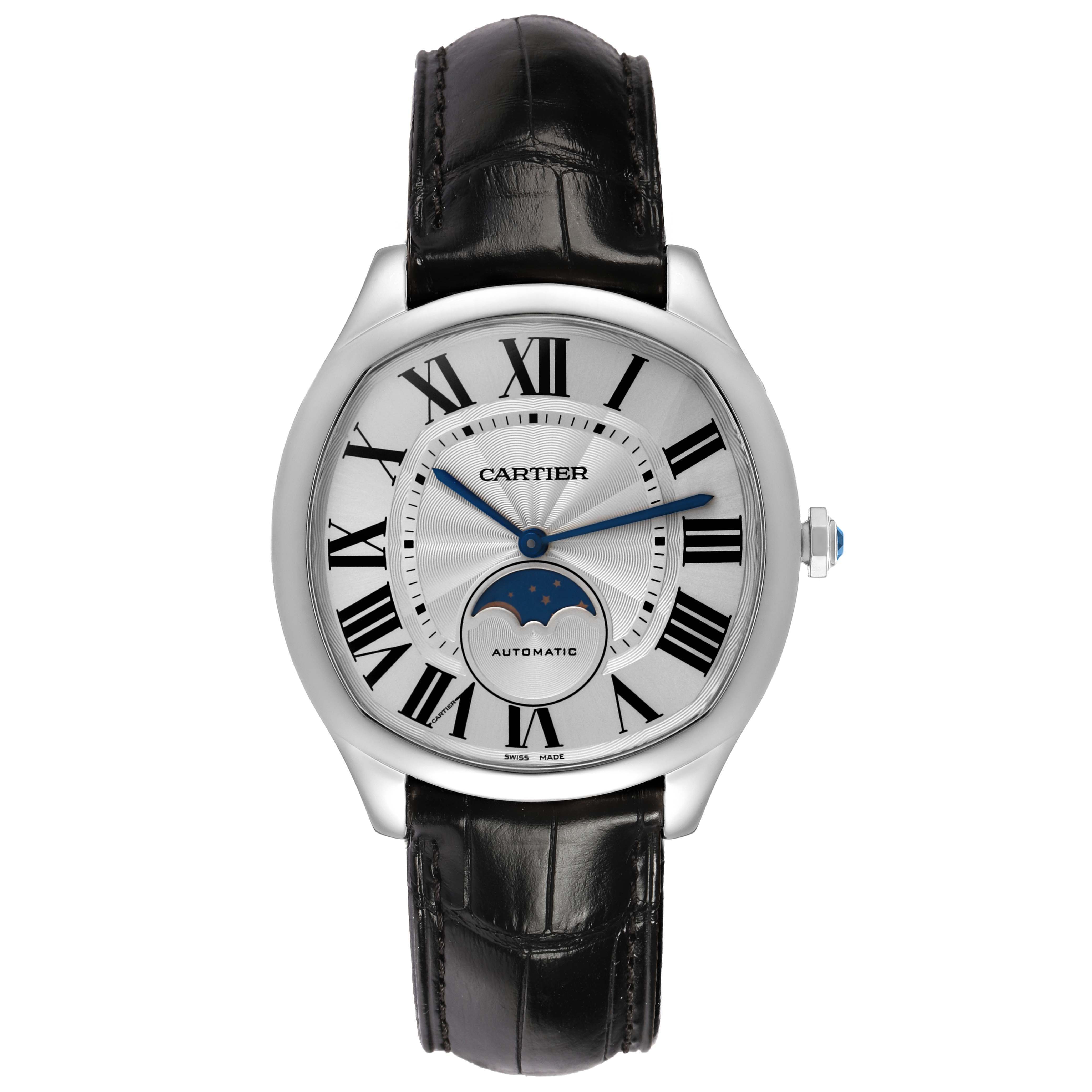 The Drive de Cartier watch is shown from the front, displaying its dial, Roman numerals, and black leather strap.
