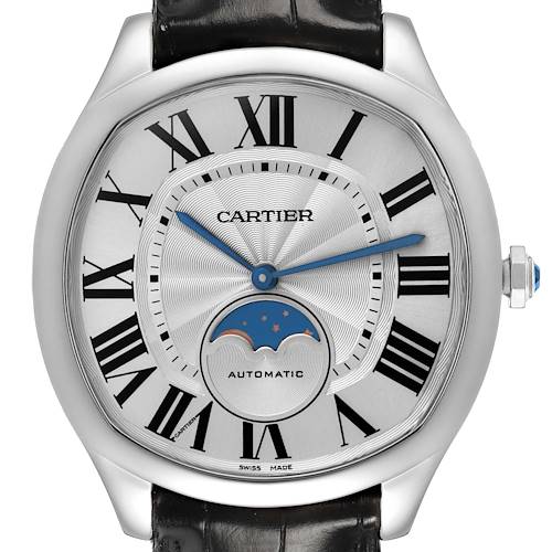 The Drive de Cartier watch is shown from the front, highlighting the Roman numerals, blue hands, and moon phase complication.