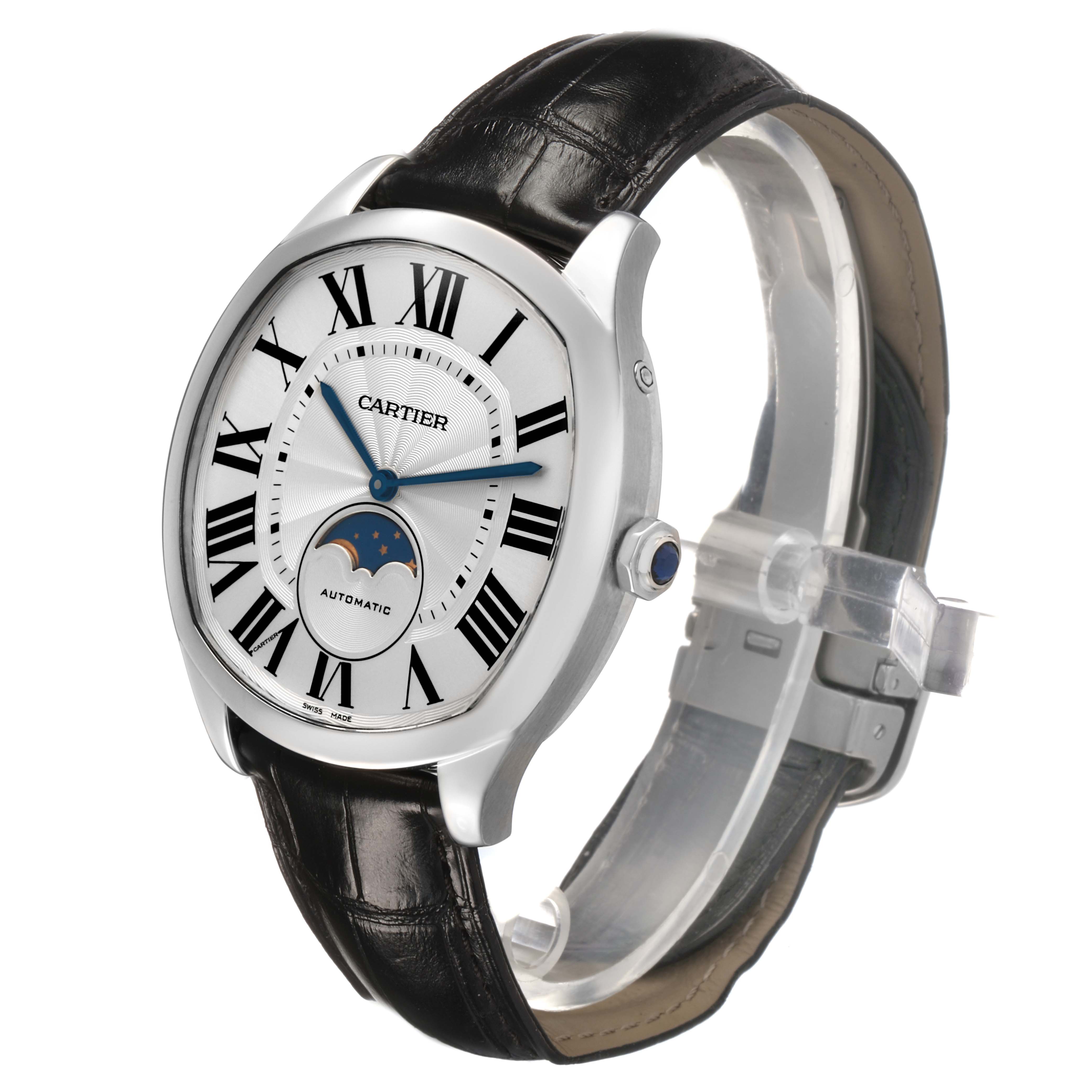 The Drive de Cartier watch is shown at a three-quarter angle, displaying the dial, case, and leather strap.