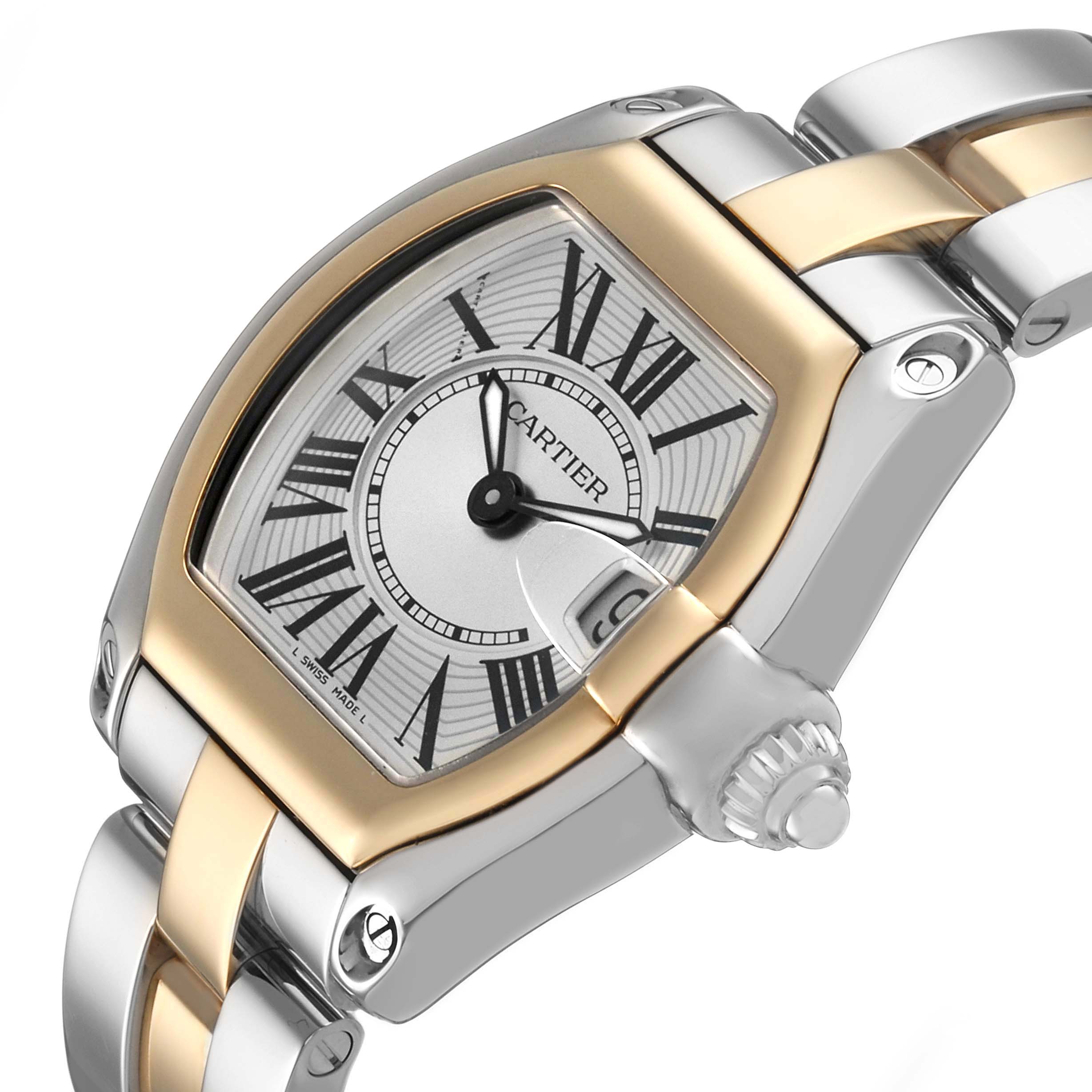 The Cartier Roadster W62026Y4 Women's Steel and Gold (two tone) Transparent Dial watch is shown from an angled side view, highlighting the dial, case, bracelet, and crown.