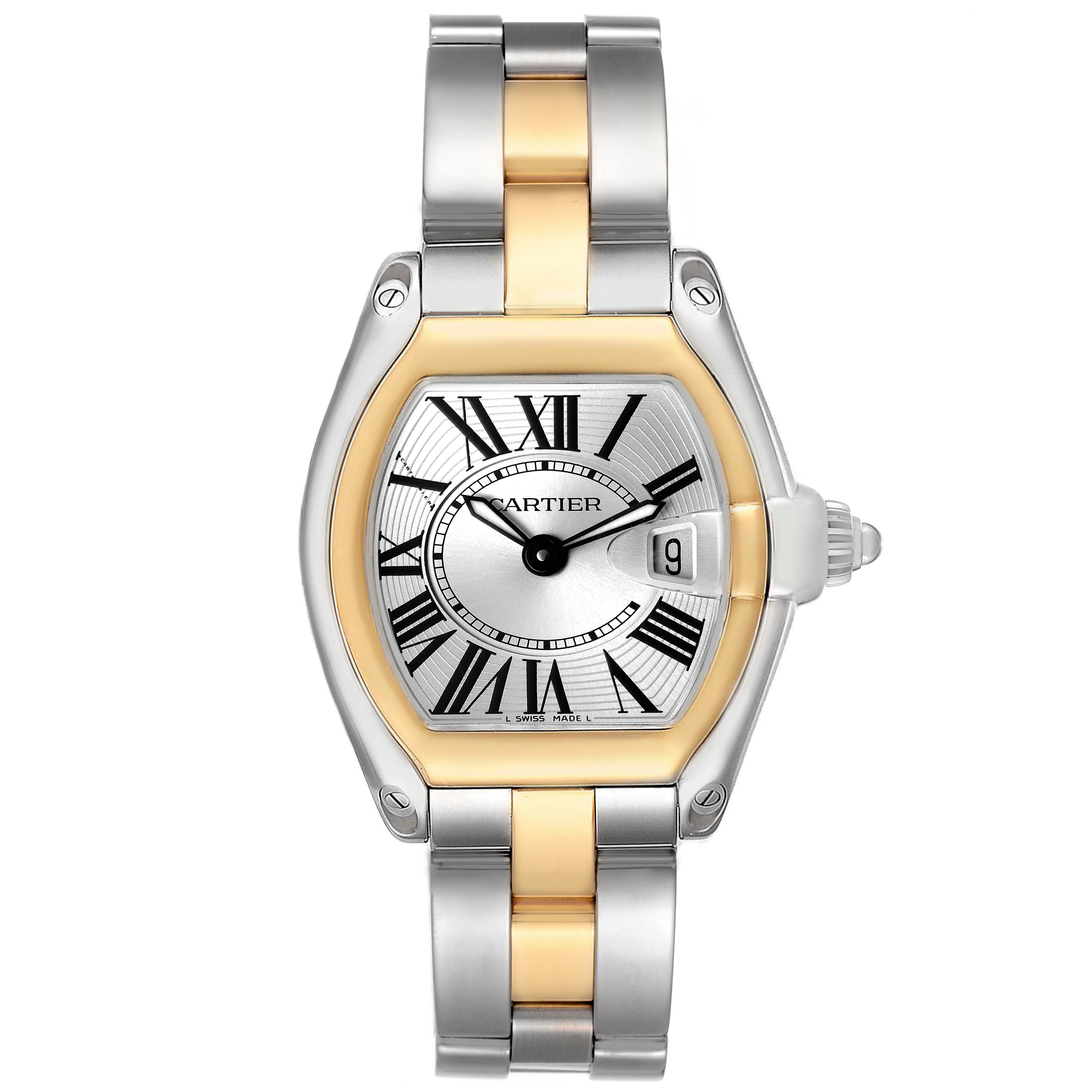 The Cartier Roadster W62026Y4 Women's Steel and Gold (two tone) Transparent Dial watch is shown from a top-down angle, highlighting its dial, bezel, and bracelet.