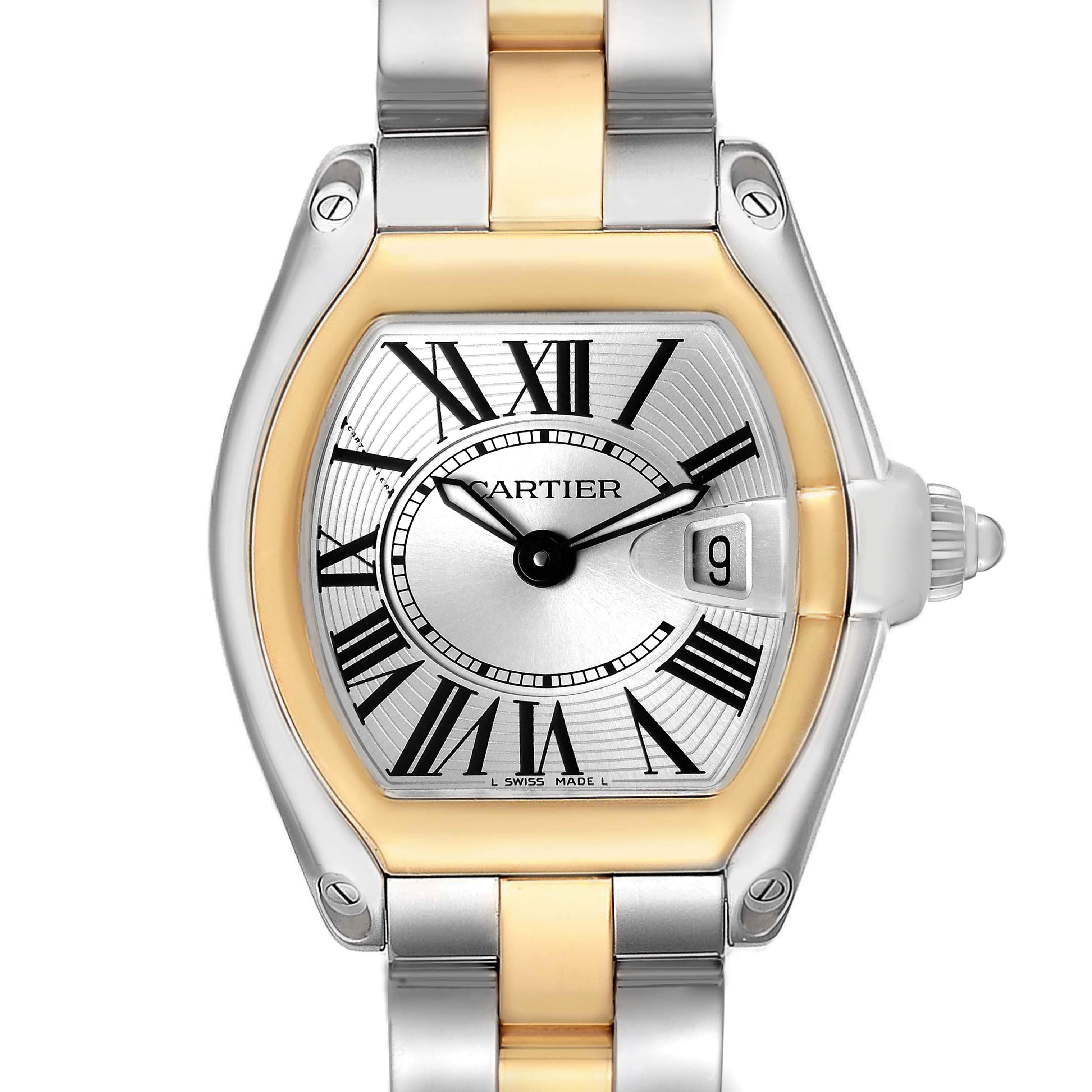 The Cartier Roadster W62026Y4 Women's Steel and Gold (two tone) Transparent Dial watch is shown from a front angle, highlighting the face, case, crown, and part of the bracelet.