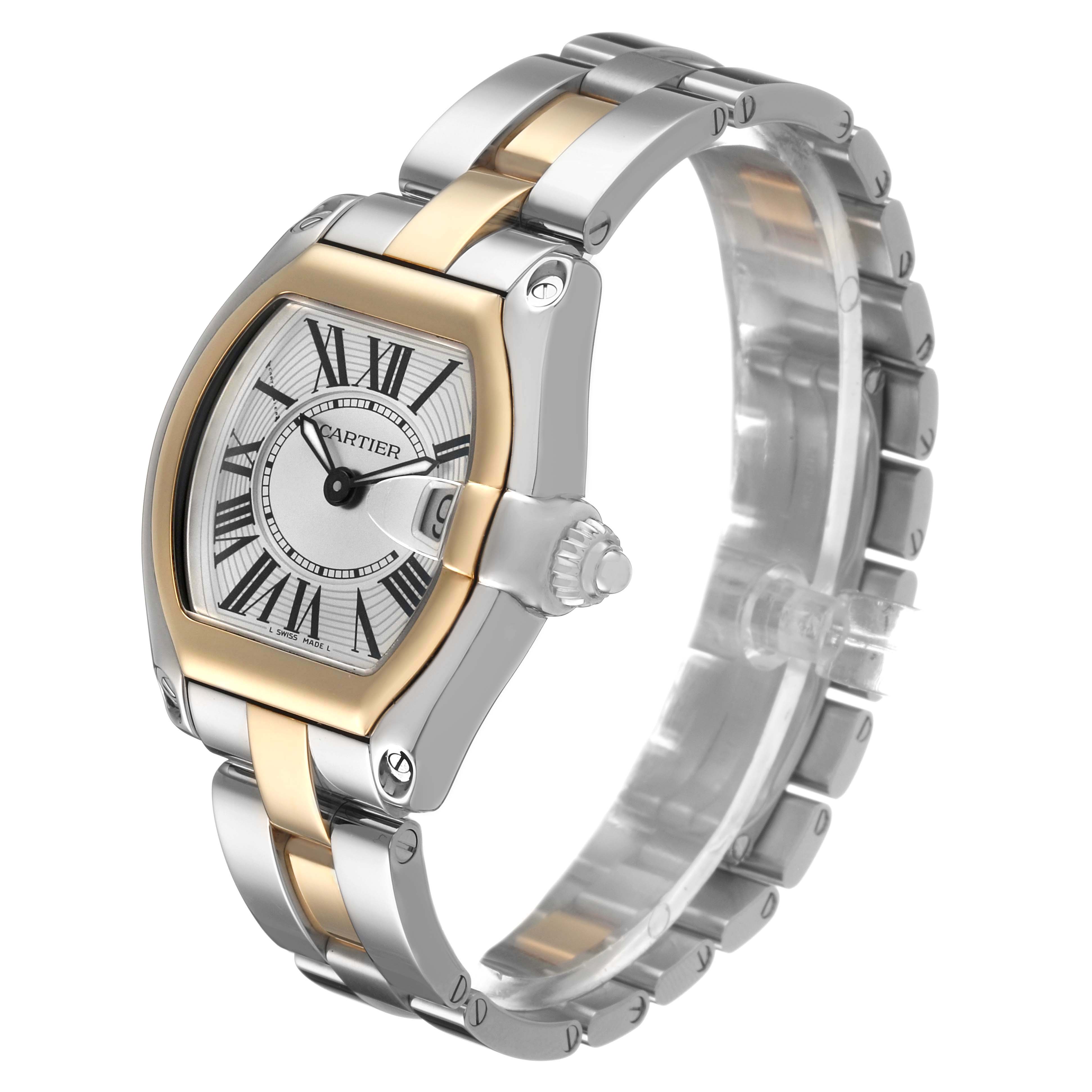 The Cartier Roadster W62026Y4 Women's Steel and Gold (two tone) Transparent Dial watch is shown at a three-quarter angle, highlighting the bezel, dial, and bracelet.