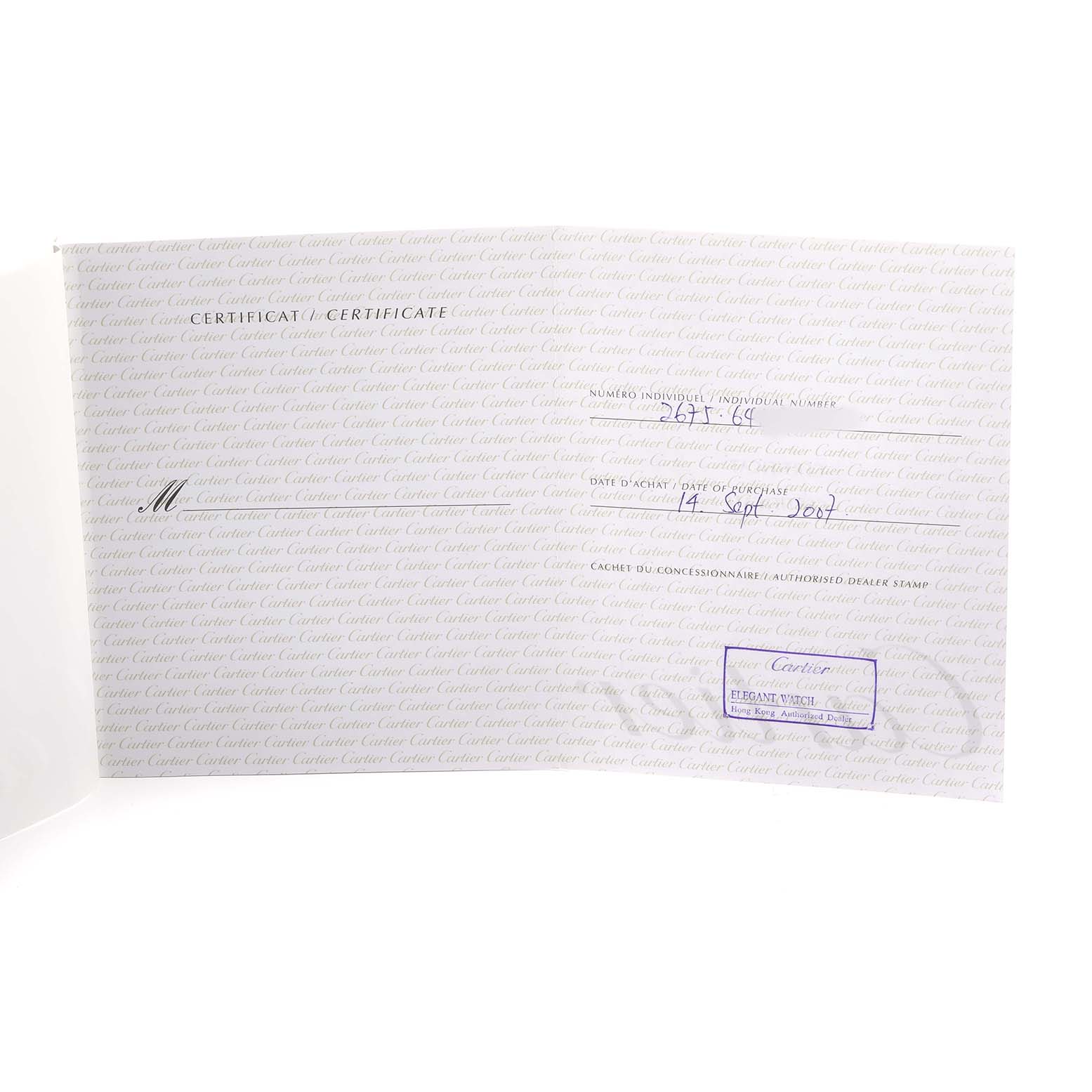 The image shows the certificate documentation for the Cartier Roadster W62026Y4 Women's Steel and Gold (two tone) Transparent Dial watch, featuring brand details and a date of purchase.