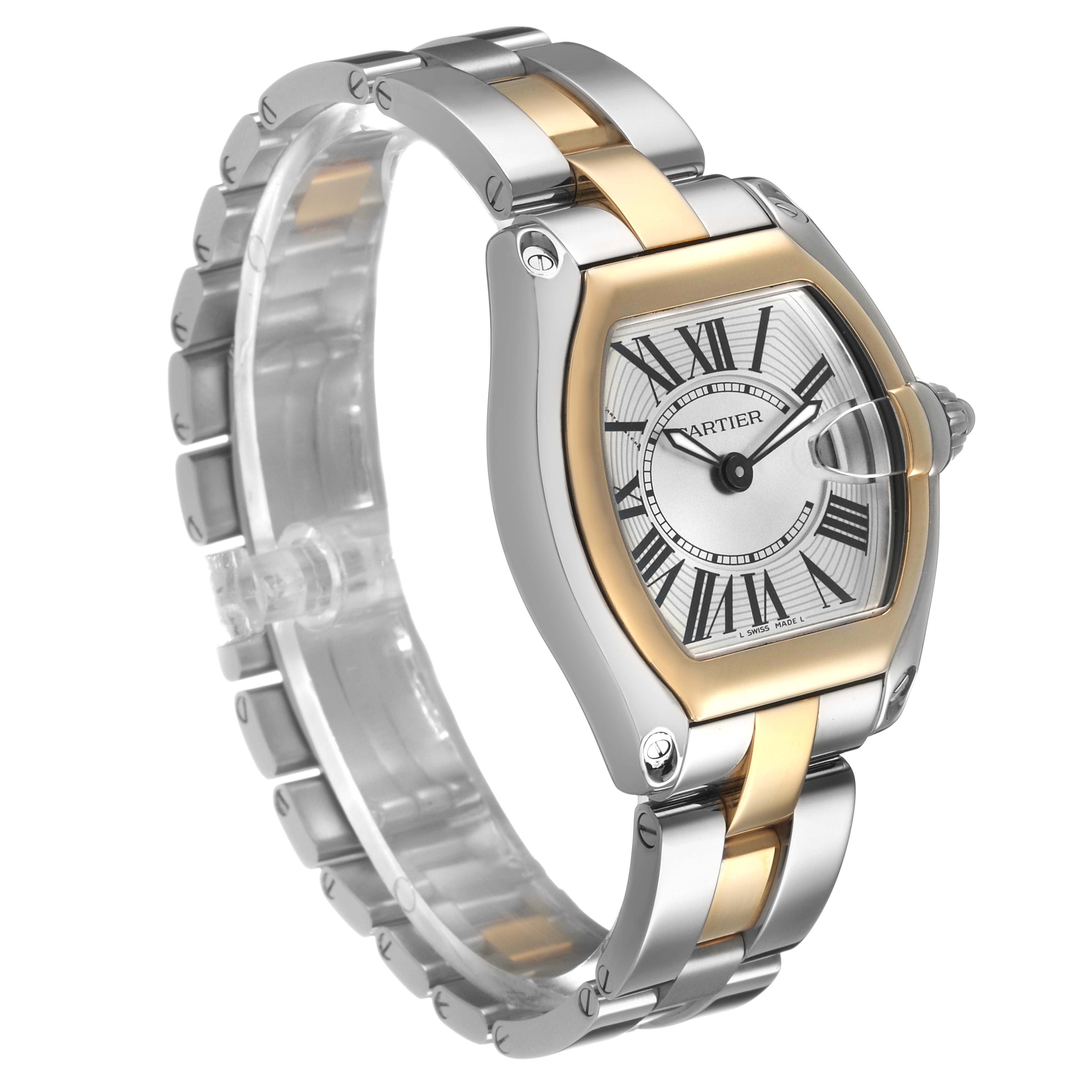 The Cartier Roadster W62026Y4 Women's Steel and Gold (two tone) Transparent Dial watch is shown at a three-quarter angle, highlighting the case, dial, crown, and two-tone metal bracelet.