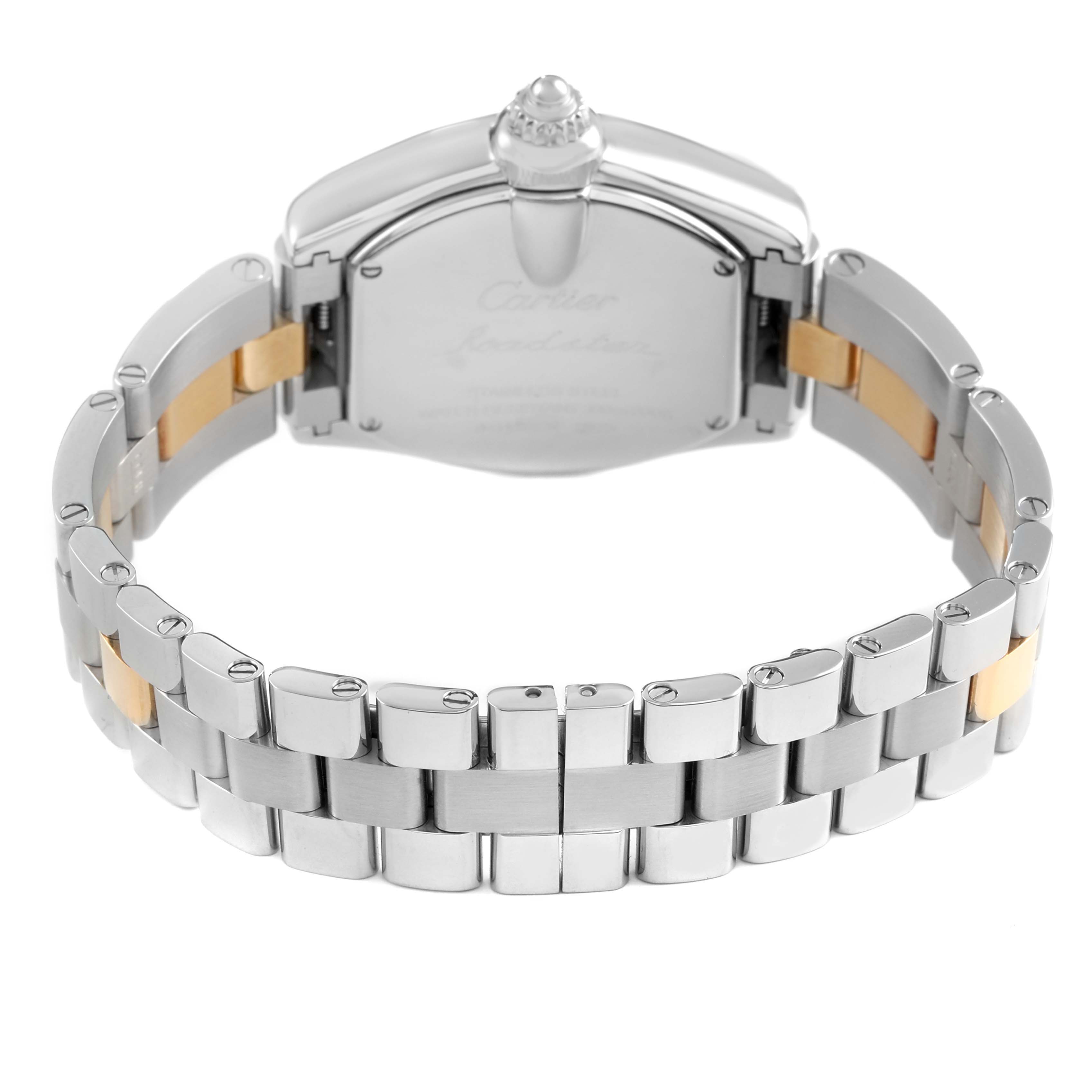 The Cartier Roadster W62026Y4 Women's Steel and Gold (two tone) Transparent Dial watch is shown from the back, highlighting the case back and stainless steel and gold bracelet.