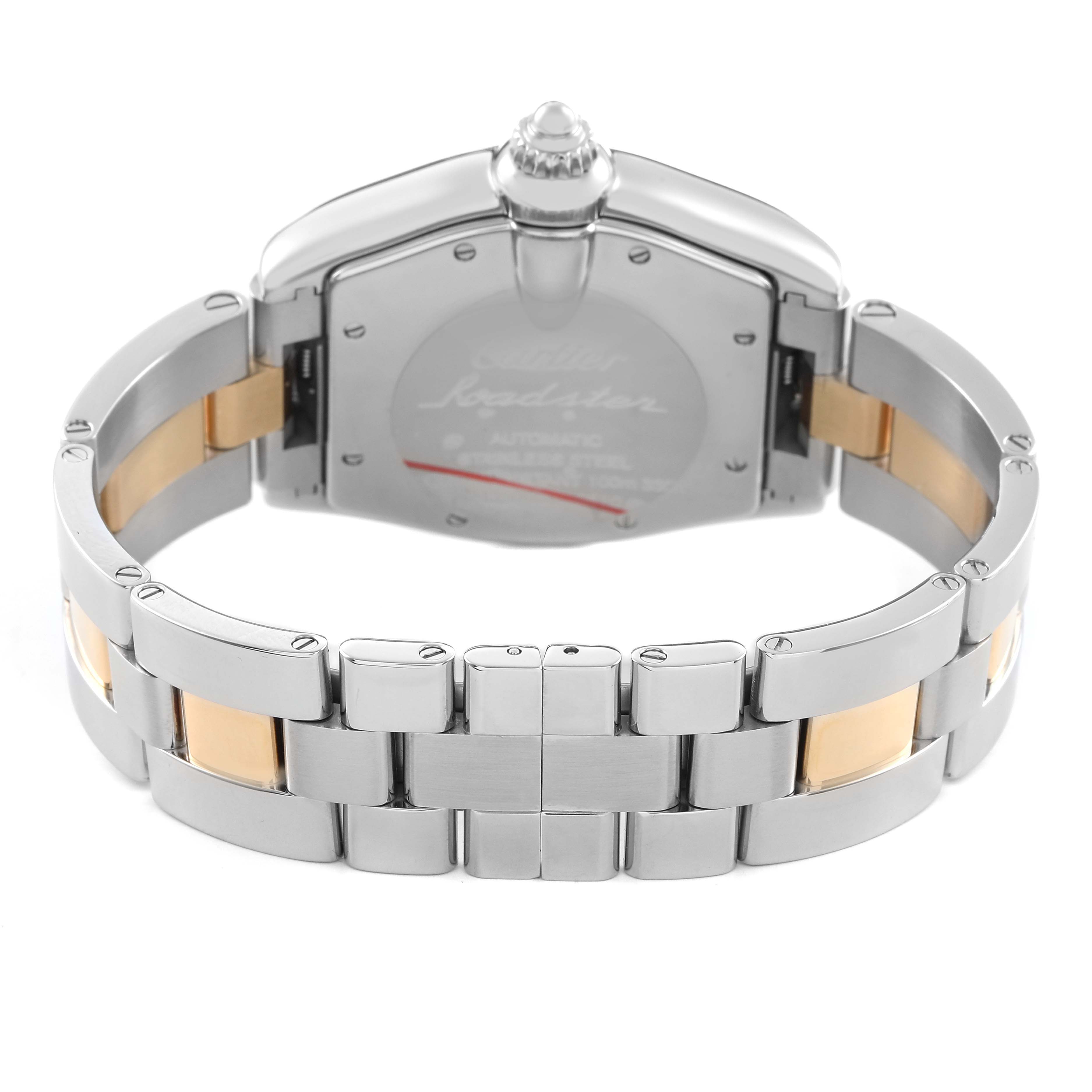 The Cartier Roadster W62031Y4 Men's Steel and Gold (two tone) Silver Dial watch is shown from the back, highlighting the case back and metal bracelet.