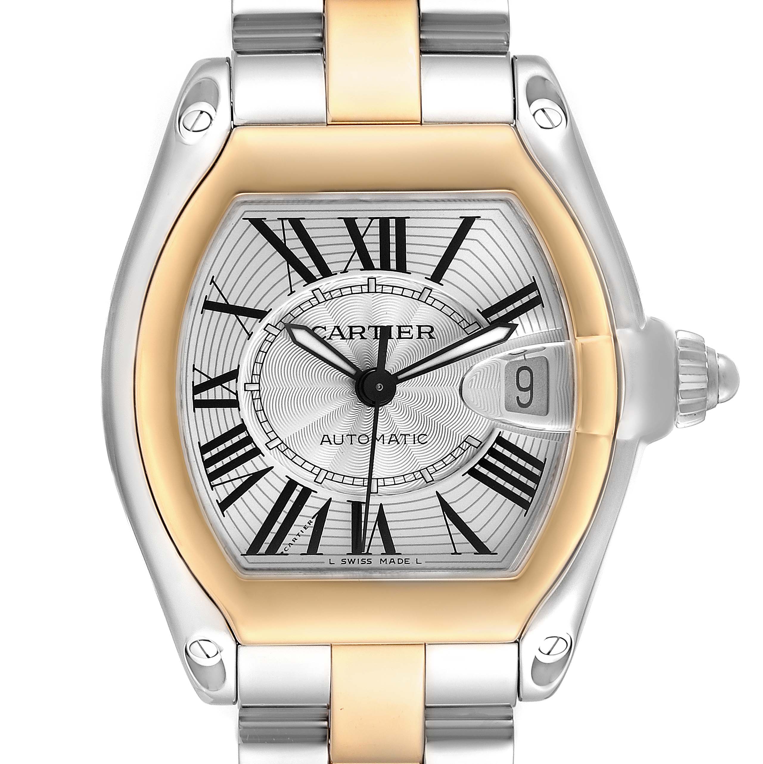The Cartier Roadster W62031Y4 Men's Steel and Gold (two tone) Silver Dial watch is shown from a front angle, highlighting the dial, case, and part of the bracelet.