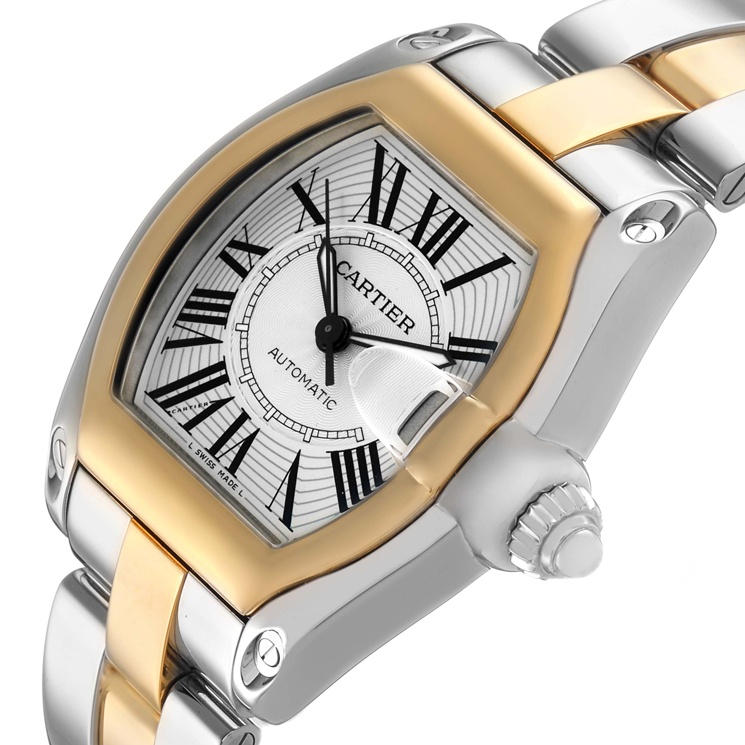 The Cartier Roadster W62031Y4 Men's Steel and Gold (two tone) Silver Dial watch is shown at an angled view, highlighting the dial, crown, and part of the two-tone bracelet.