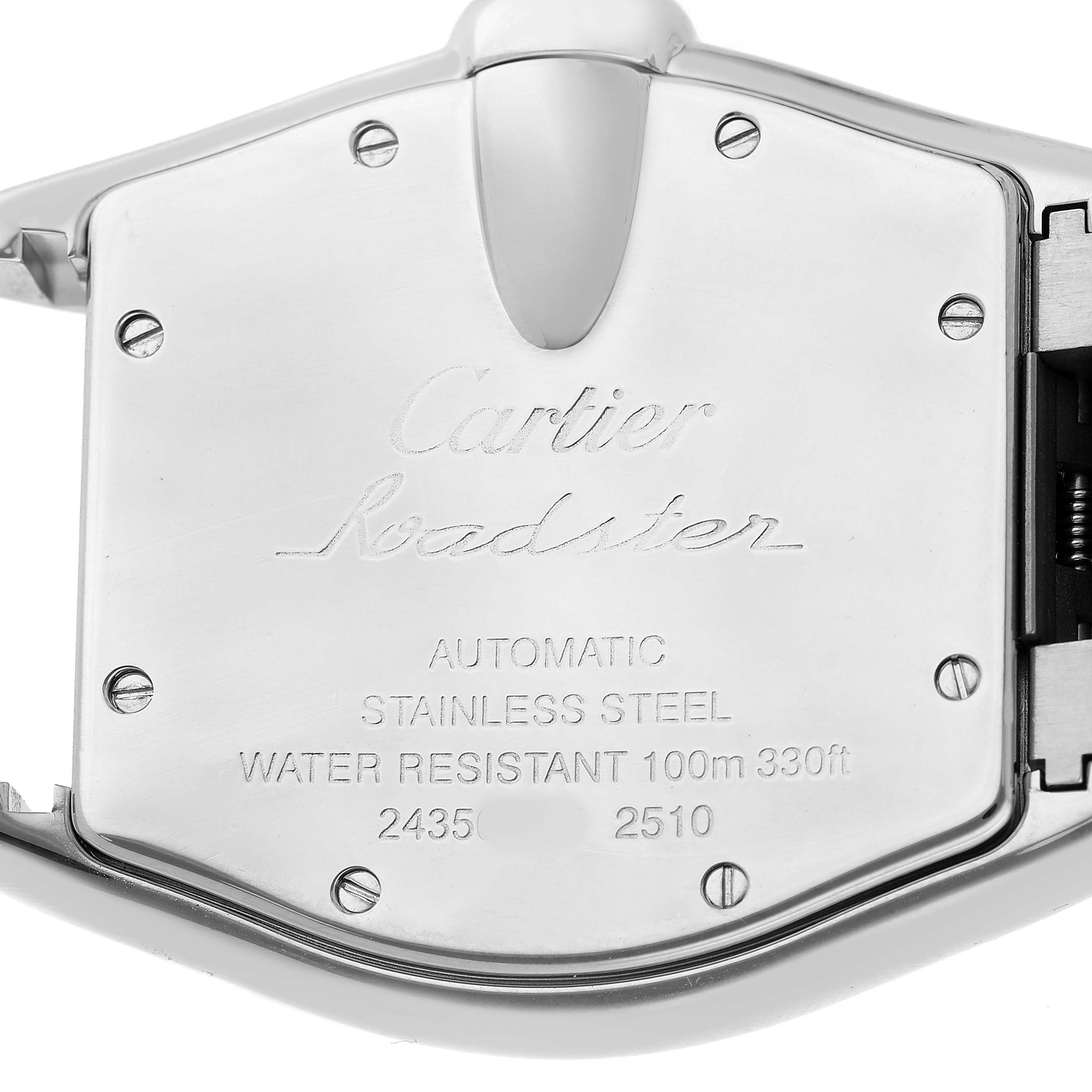 The image shows the back case of a Cartier Roadster W62031Y4 Men's Steel and Gold (two tone) Silver Dial watch, highlighting the engravings and screws.
