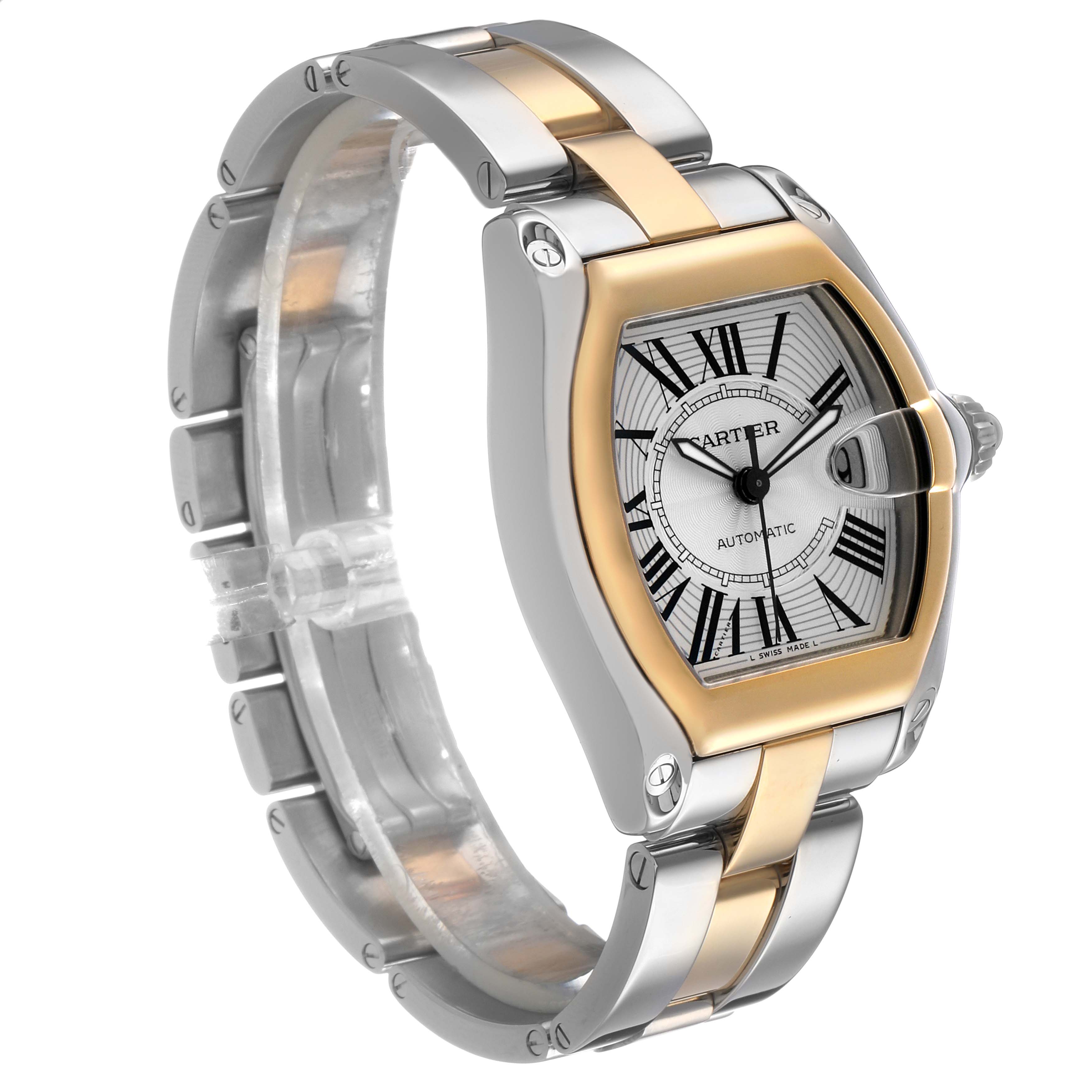 The Cartier Roadster W62031Y4 Men's Steel and Gold (two tone) Silver Dial watch is shown at a three-quarter angle, highlighting its silver and gold bracelet and Roman numeral dial.