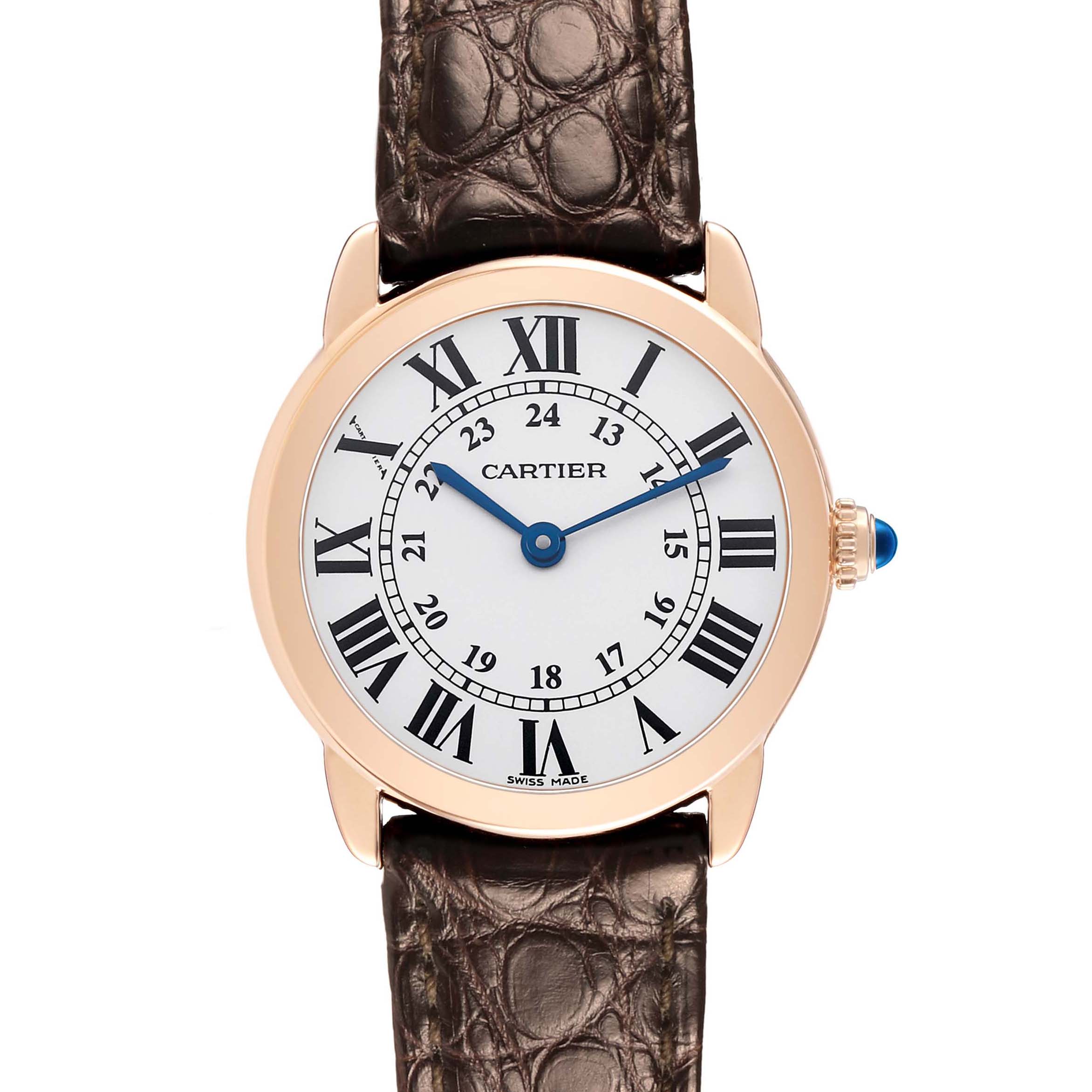 The Cartier Ronde W6701007 Women's Rose Gold Silver Dial watch is shown from the front, highlighting its dial with Roman numerals and a textured brown leather strap.
