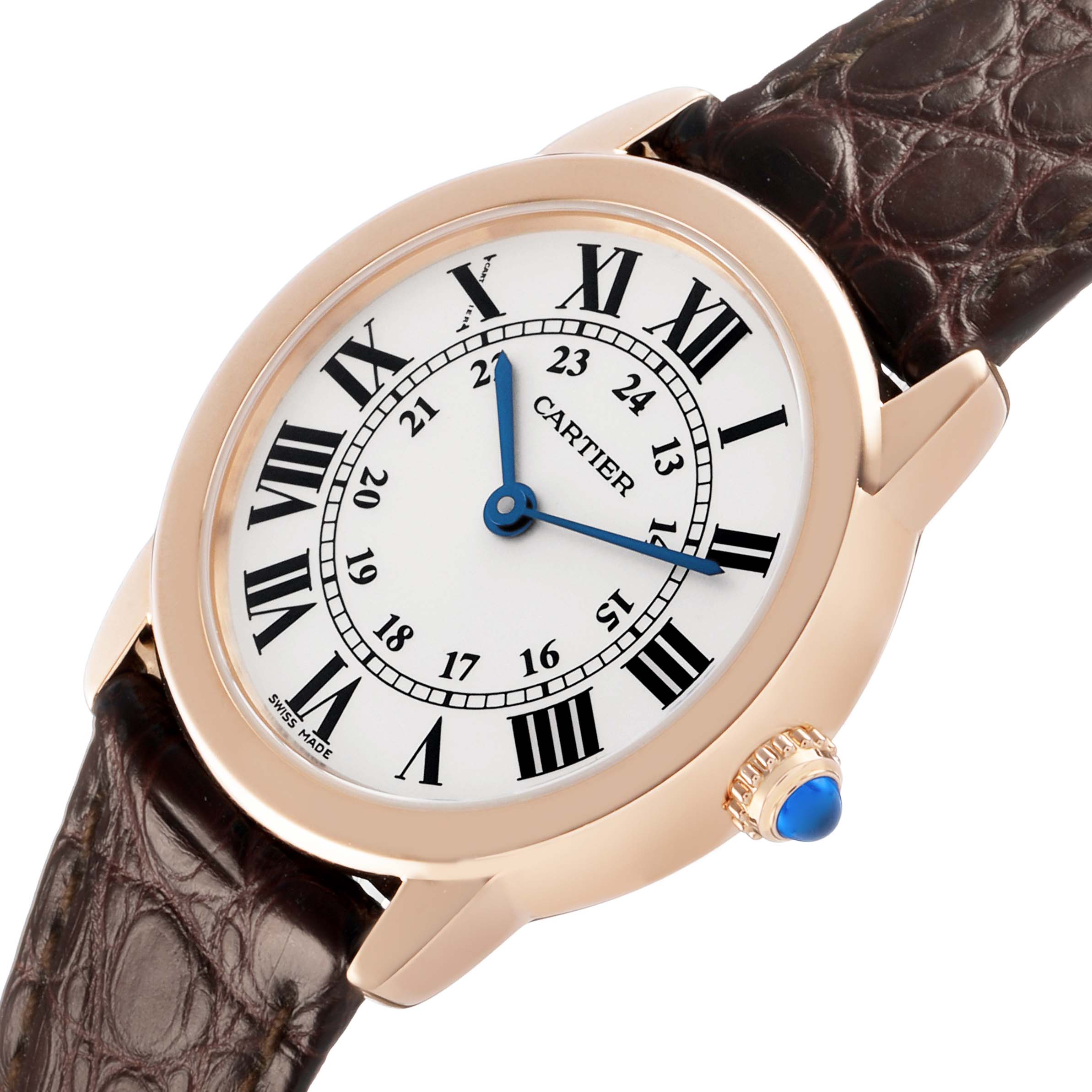 The Cartier Ronde W6701007 Women's Rose Gold Silver Dial watch is shown at a slight angle, highlighting its round face, Roman numerals, blue hands, and leather strap.
