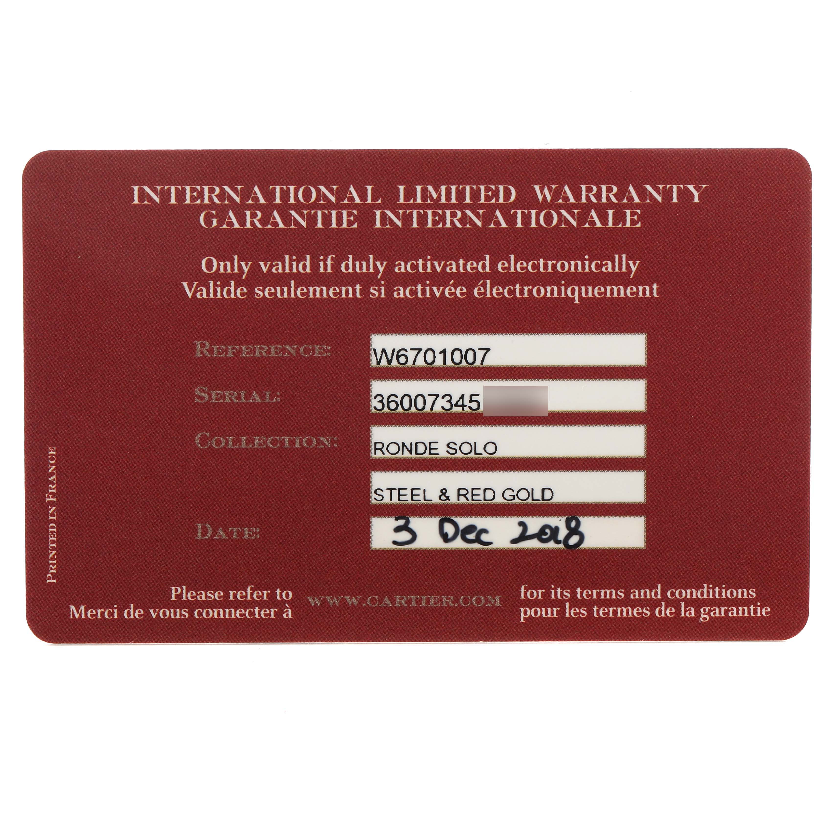 The image shows an angled view of the Cartier Ronde W6701007 Women's Rose Gold Silver Dial model's warranty card detailing reference, serial, collection, and purchase date.