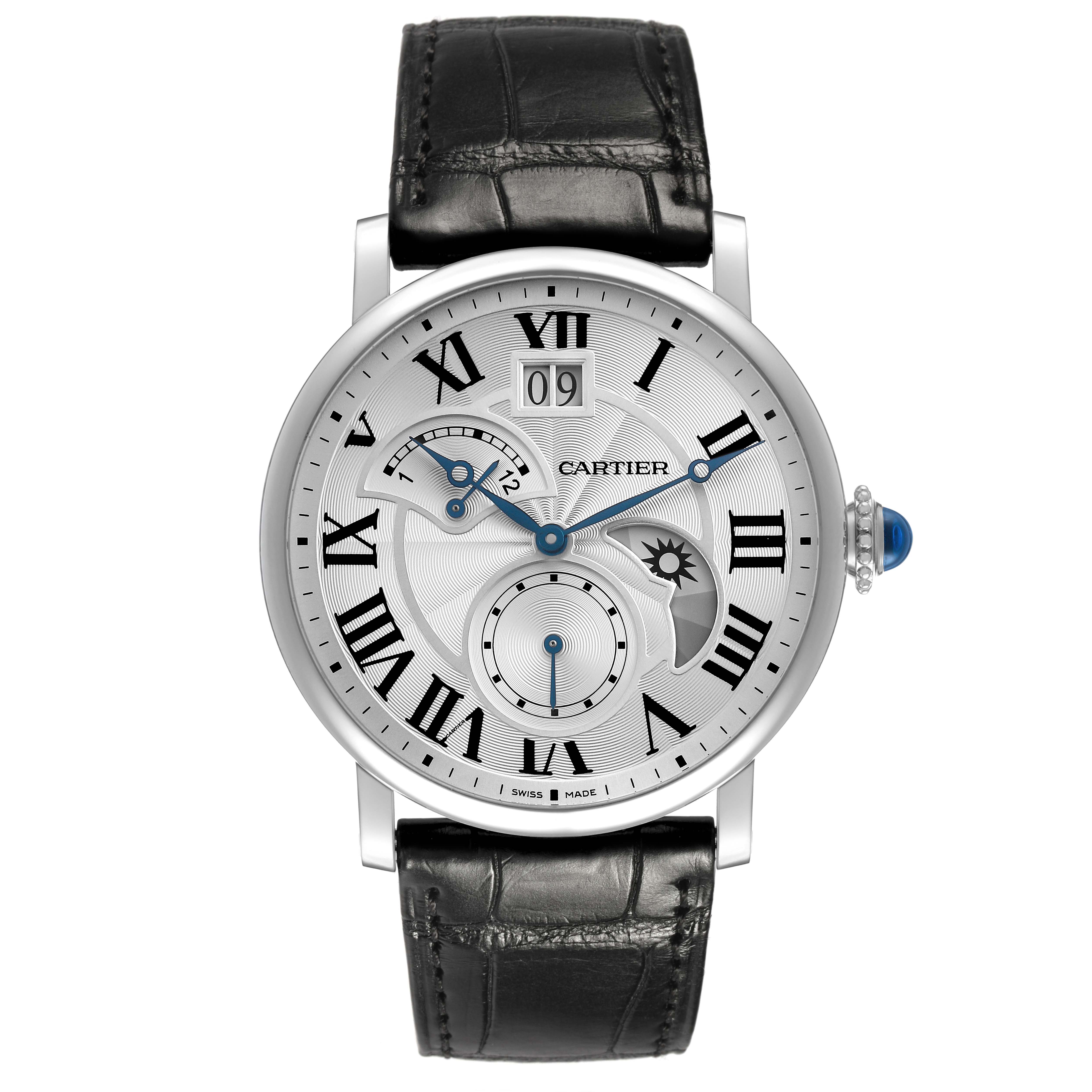 The Cartier Rotonde W1556368 Men's Stainless Steel Silver Dial watch is shown from a front angle, highlighting the dial, Roman numerals, subdials, and leather strap.