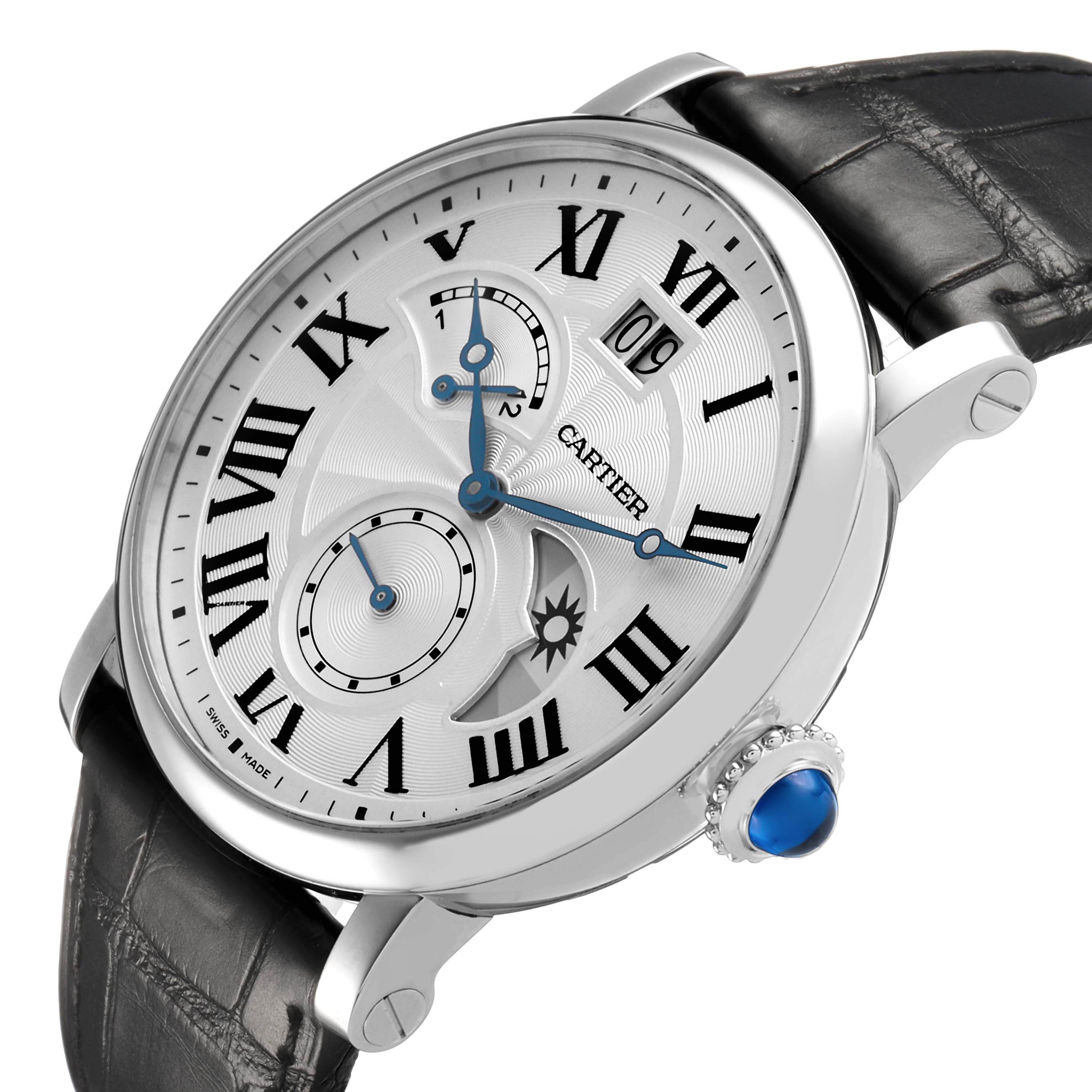 The Cartier Rotonde W1556368 Men's Stainless Steel Silver Dial watch is shown at a slight angle, displaying its face, crown, and partially the leather strap.