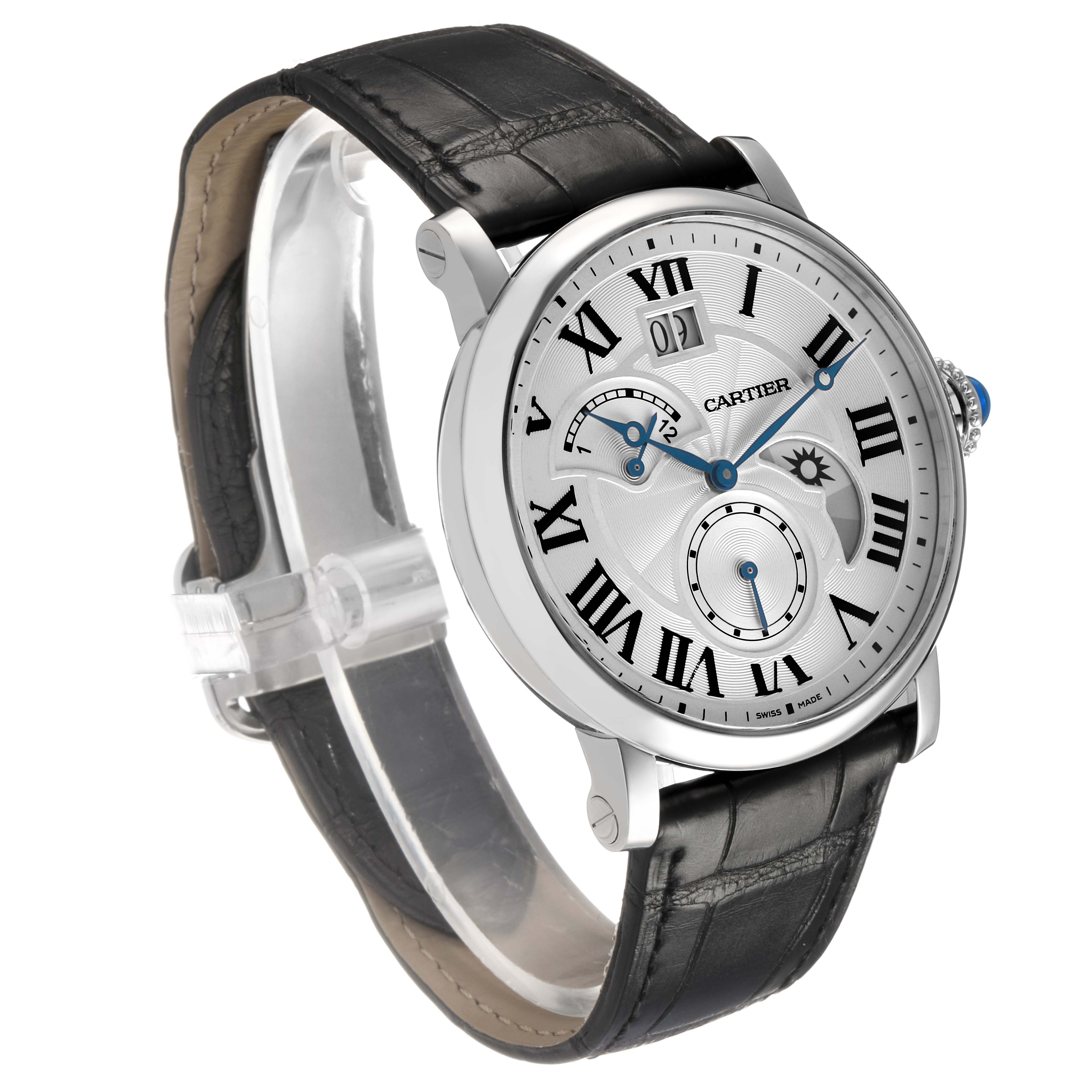 The Cartier Rotonde W1556368 Men's Stainless Steel Silver Dial watch is shown from a semi-profile angle, highlighting the dial, Roman numerals, leather strap, and crown.