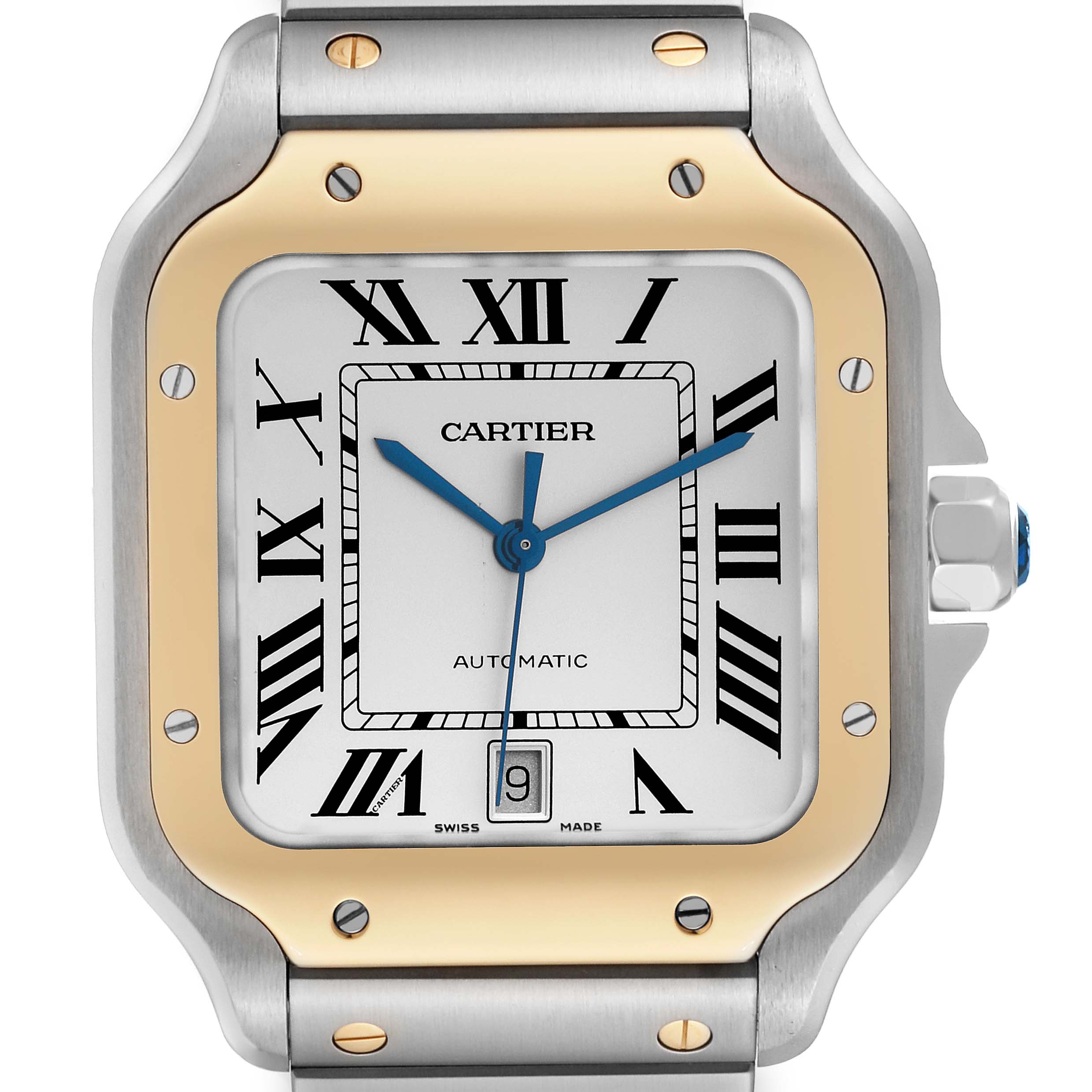 The angle shows the front view of the Cartier Santos W2SA0006 Men
s Stainless Steel Silver Dial W2SA0006 Men
s Stainless Steel Silver Dial watch, highlighting the face, bezel, and part of the bracelet.
