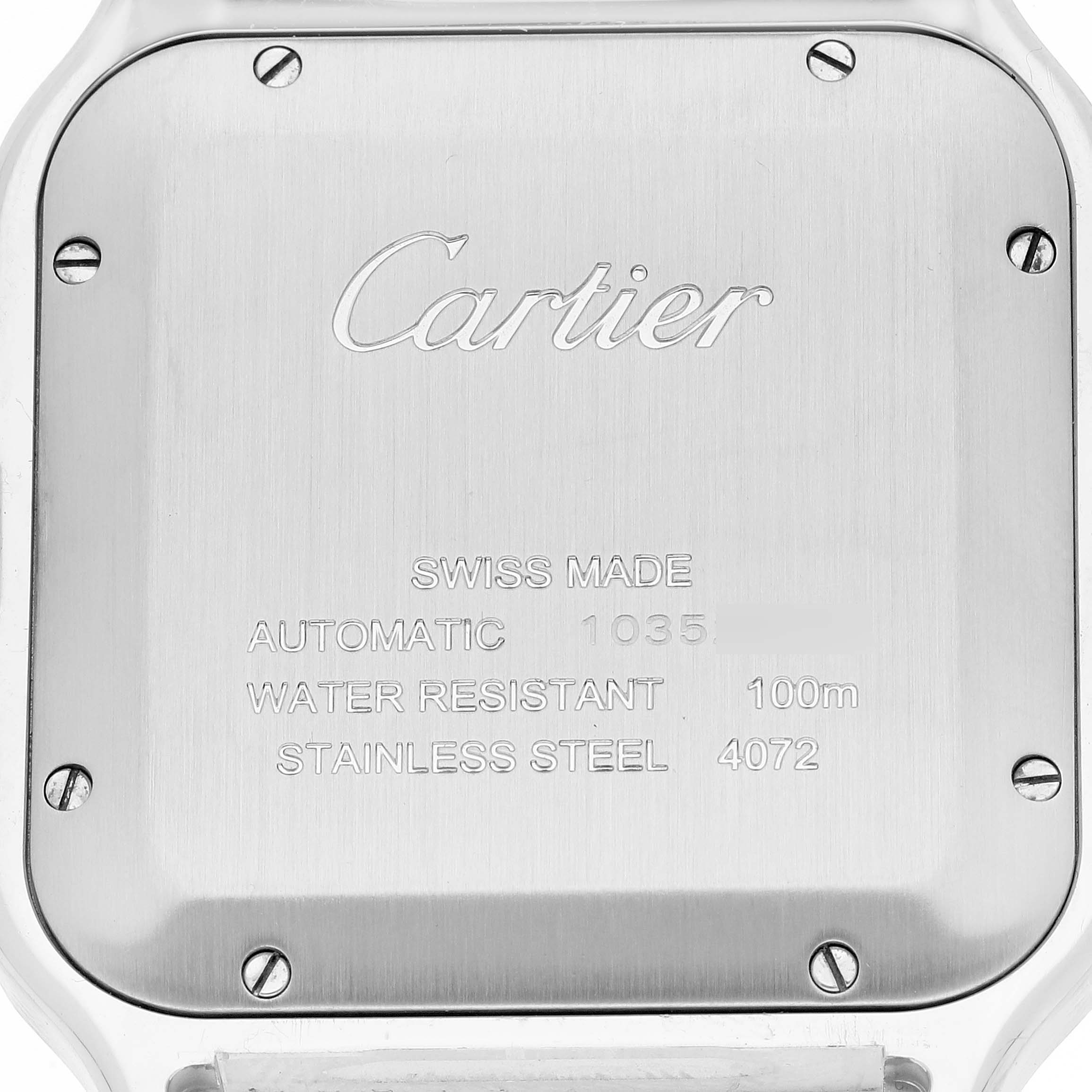 This is the back view of a Santos model watch by Cartier, showing the case back and engraved details.