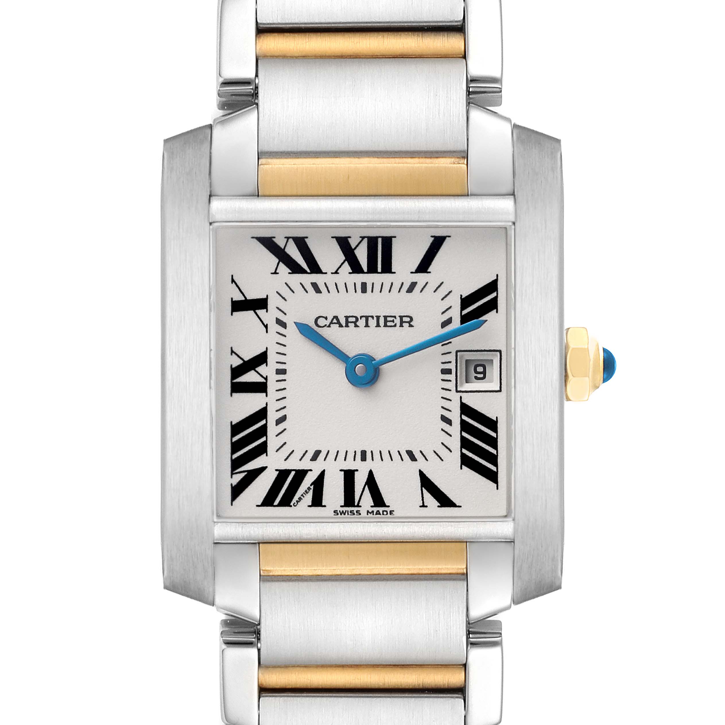 The Cartier Tank Francaise W51012Q4 Women's Steel and Gold (two tone) Silver Dial watch is shown from the front, displaying the face, Roman numerals, hands, crown, and part of the bracelet.