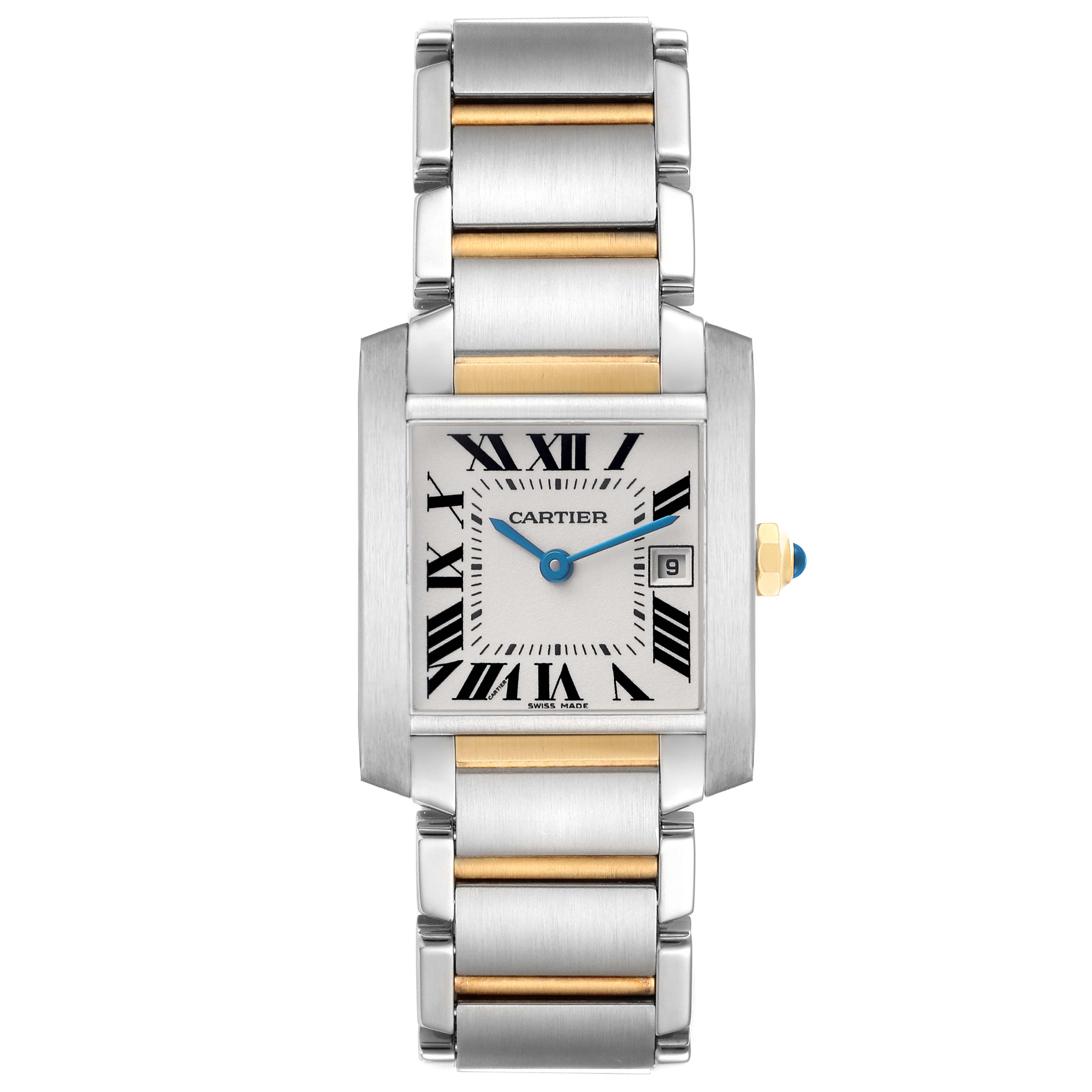 The Cartier Tank Française watch is shown from a front angle, displaying its bracelet, rectangular case, and Roman numeral dial.