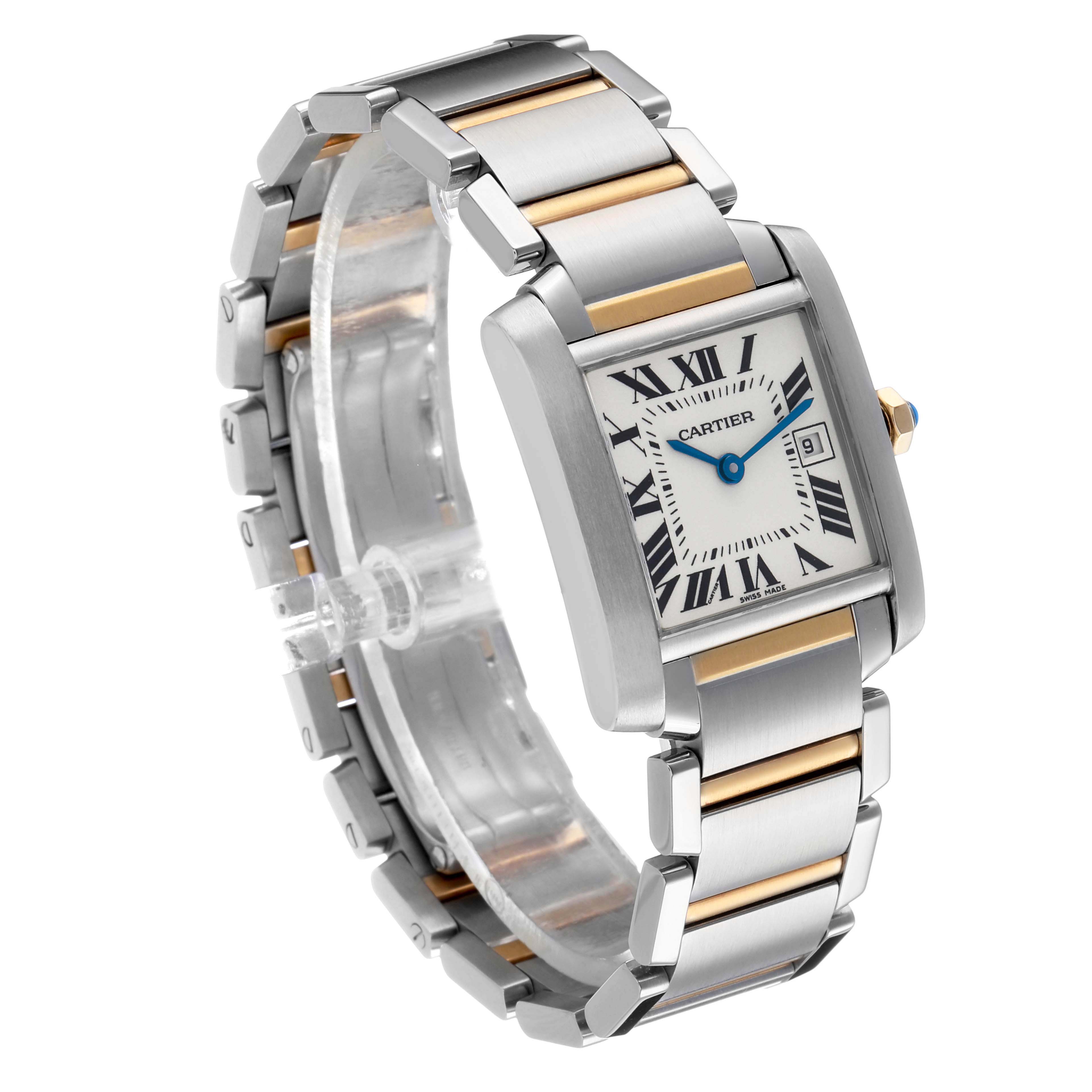 The Cartier Tank Française watch is shown at a three-quarter angle, displaying the face, bracelet, and crown.