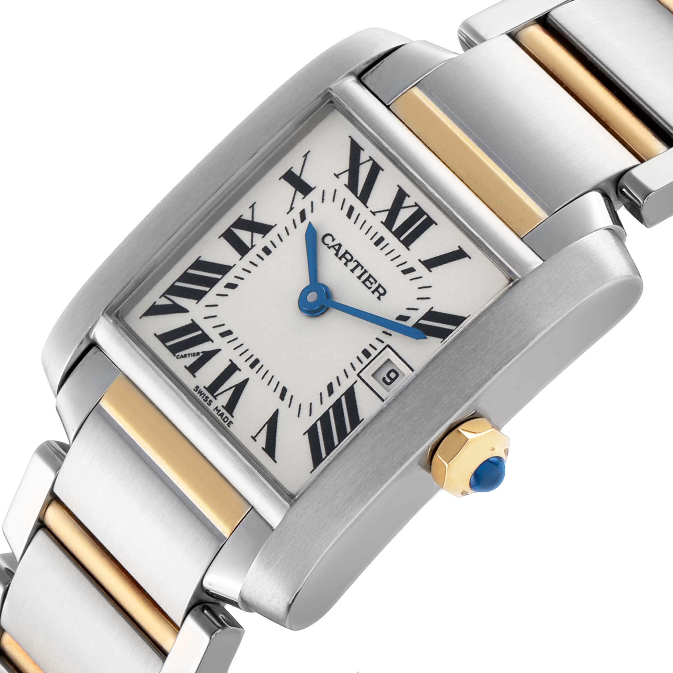 The Cartier Tank Francaise W51012Q4 Women's Steel and Gold (two tone) Silver Dial watch is shown at an angled view, highlighting the face, crown, and two-tone bracelet.