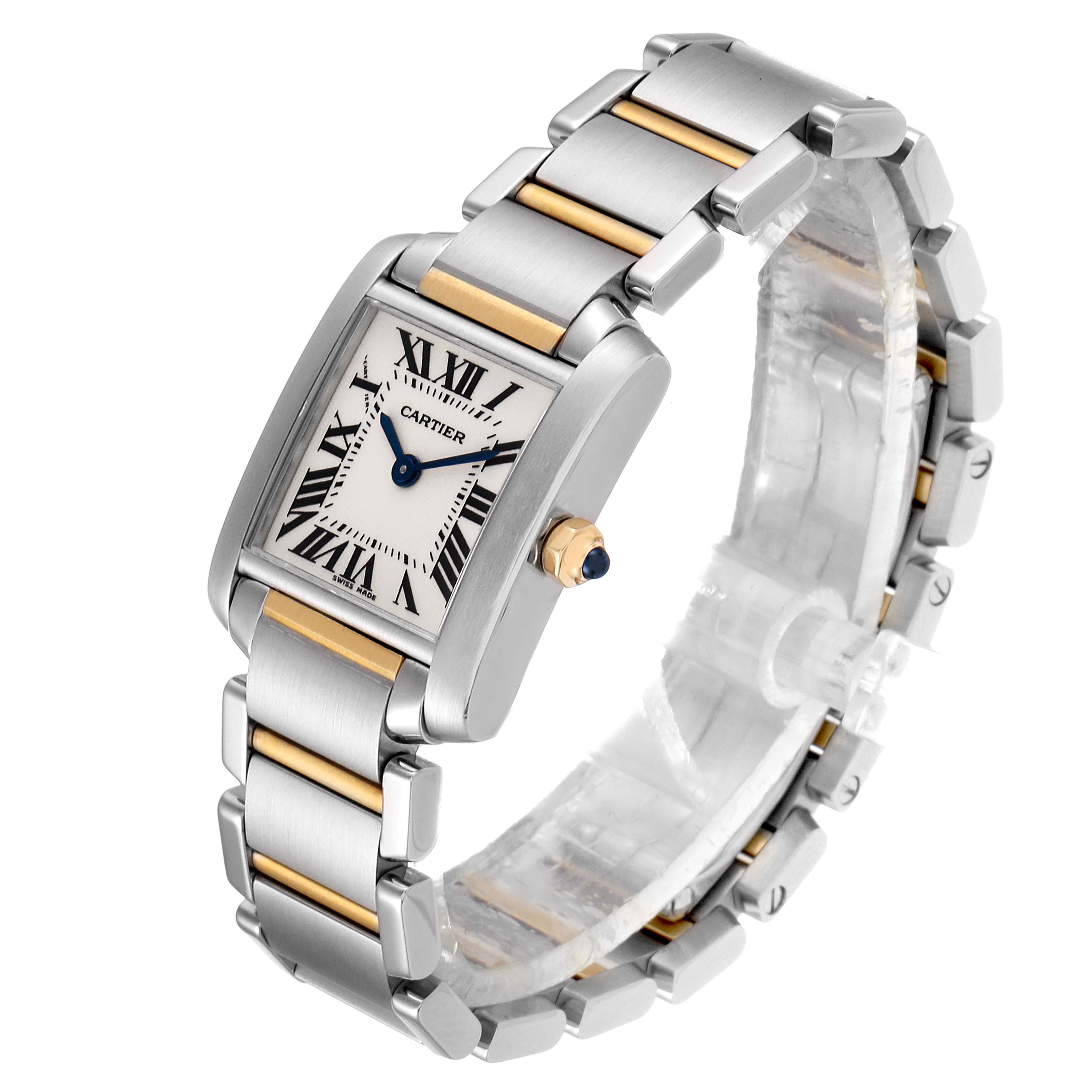 The image shows a Cartier Tank Francaise W51007Q4 Women's Steel and Gold (two tone) Silver Dial W51007Q4 Women's Steel and Gold (two tone) Silver Dial watch angled to display the face, strap, and side profile.