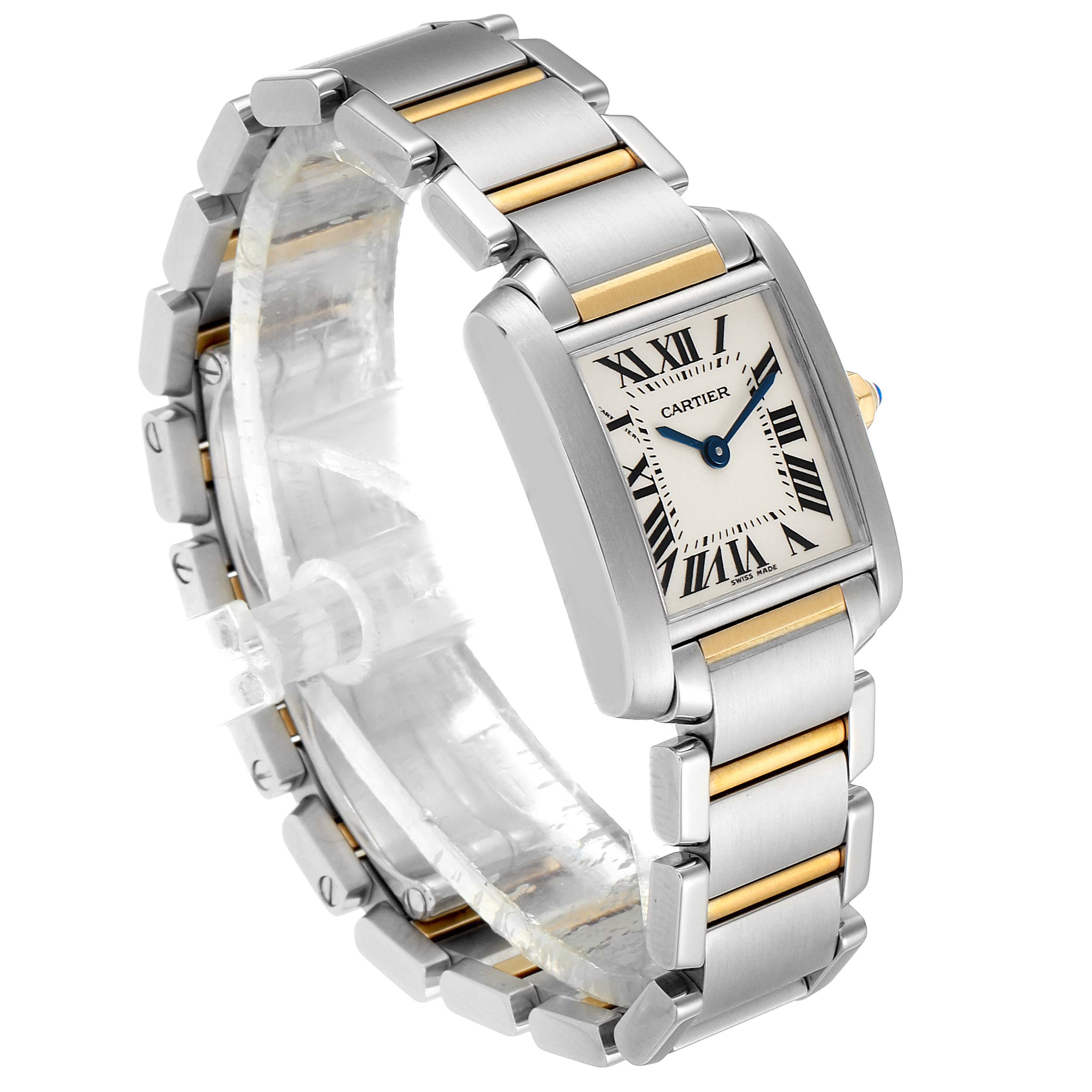 This Cartier Tank Francaise W51007Q4 Women's Steel and Gold (two tone) Silver Dial W51007Q4 Women's Steel and Gold (two tone) Silver Dial watch is shown at a three-quarter angle, highlighting its face, bracelet, and crown.