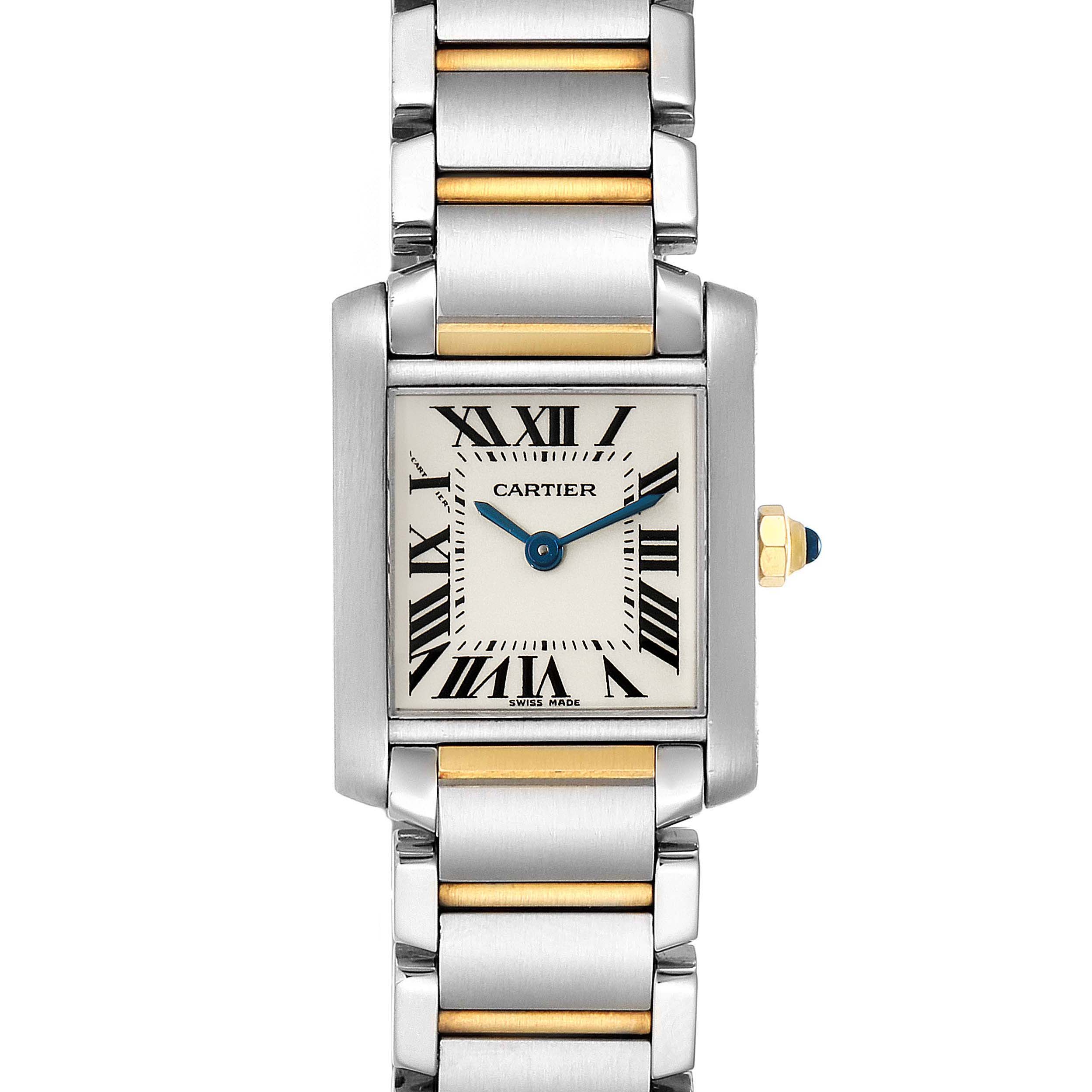 The image shows a front view of the Tank Française watch by Cartier, focusing on its face and part of the bracelet.